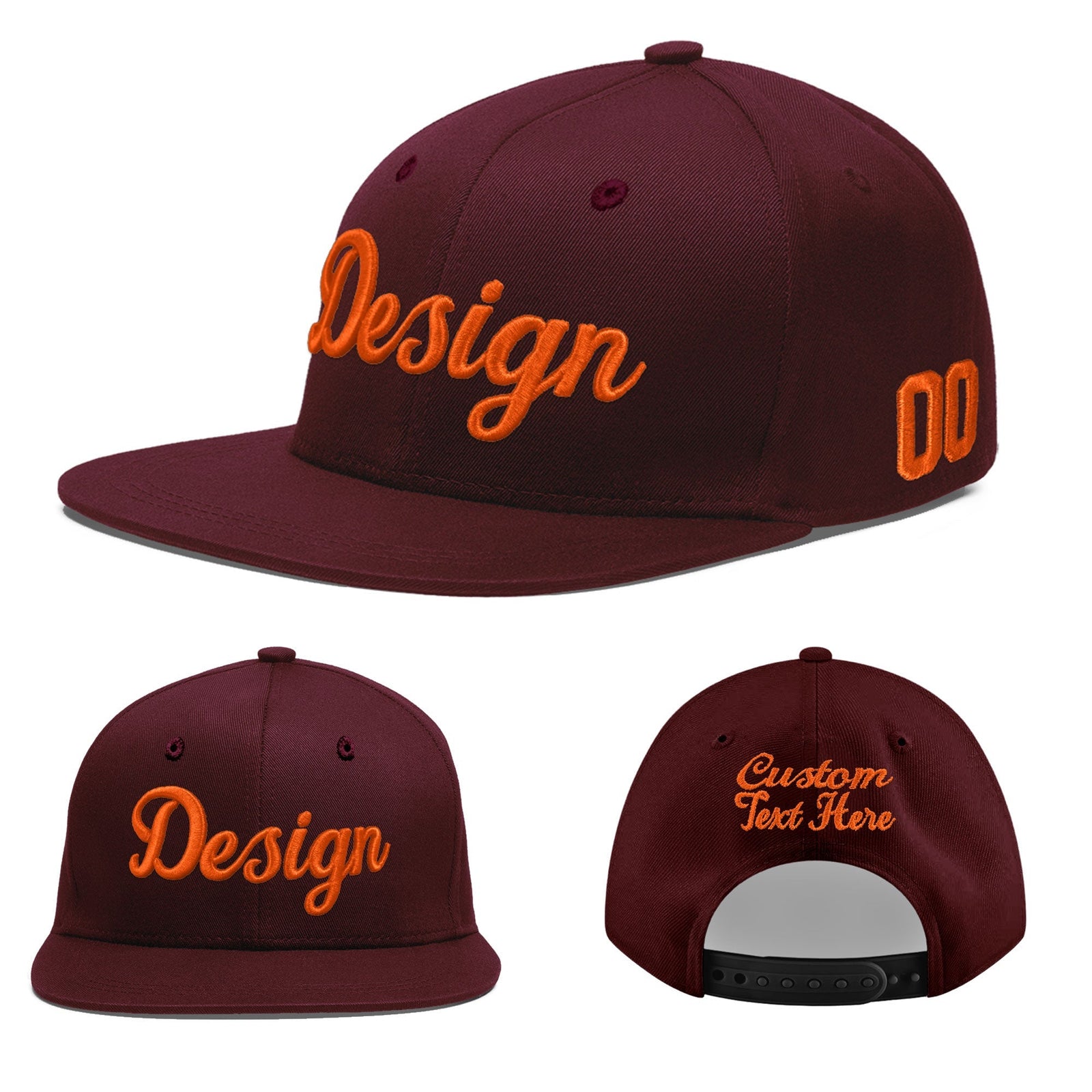 Custom Burgundy 3D Puff Embroidery Flat Embroidery Casual Sport Baseball Cap