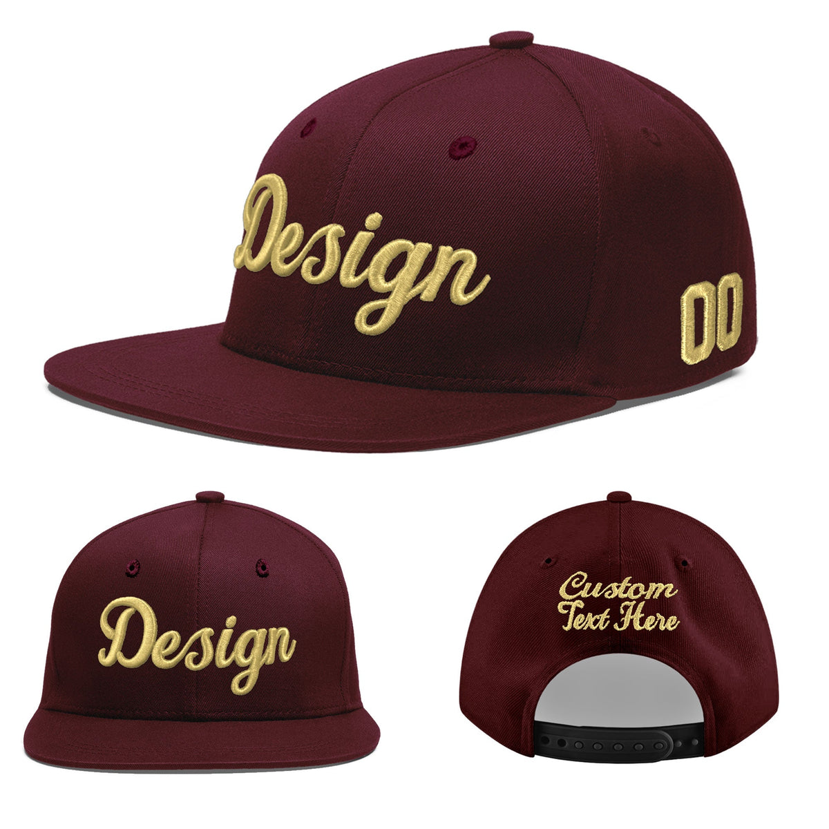 Custom Burgundy 3D Puff Embroidery Flat Embroidery Casual Sport Baseball Cap