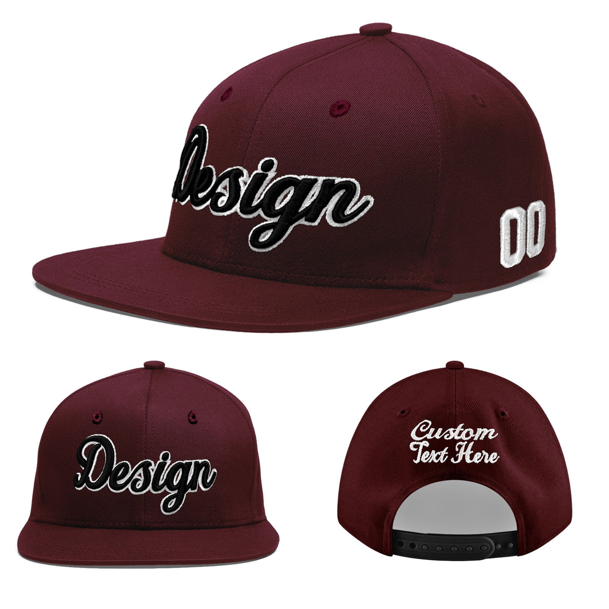 Custom Burgundy 3D Puff Embroidery Flat Embroidery Casual Sport Baseball Cap