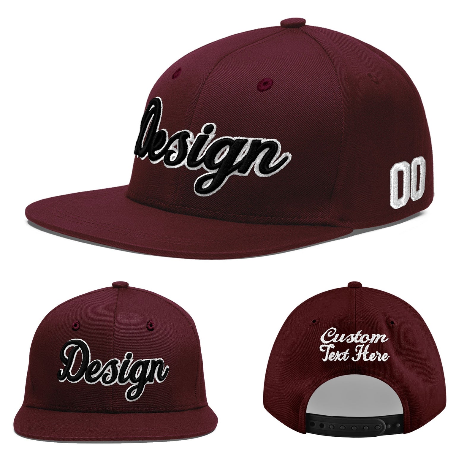 Custom Burgundy 3D Puff Embroidery Flat Embroidery Casual Sport Baseball Cap