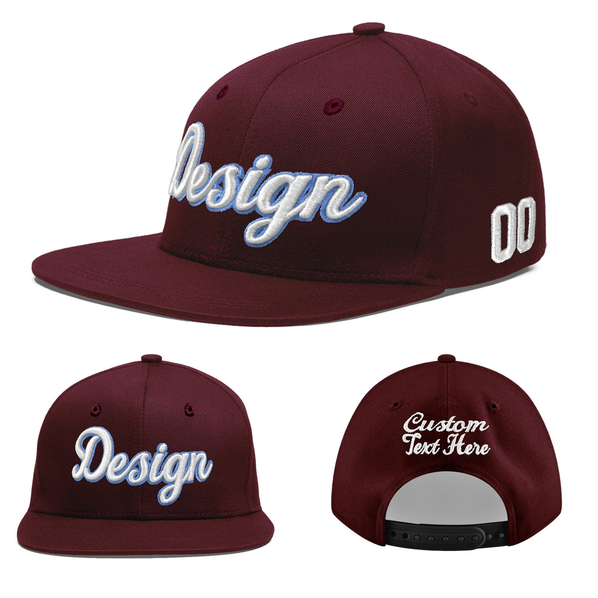 Custom Burgundy 3D Puff Embroidery Flat Embroidery Casual Sport Baseball Cap