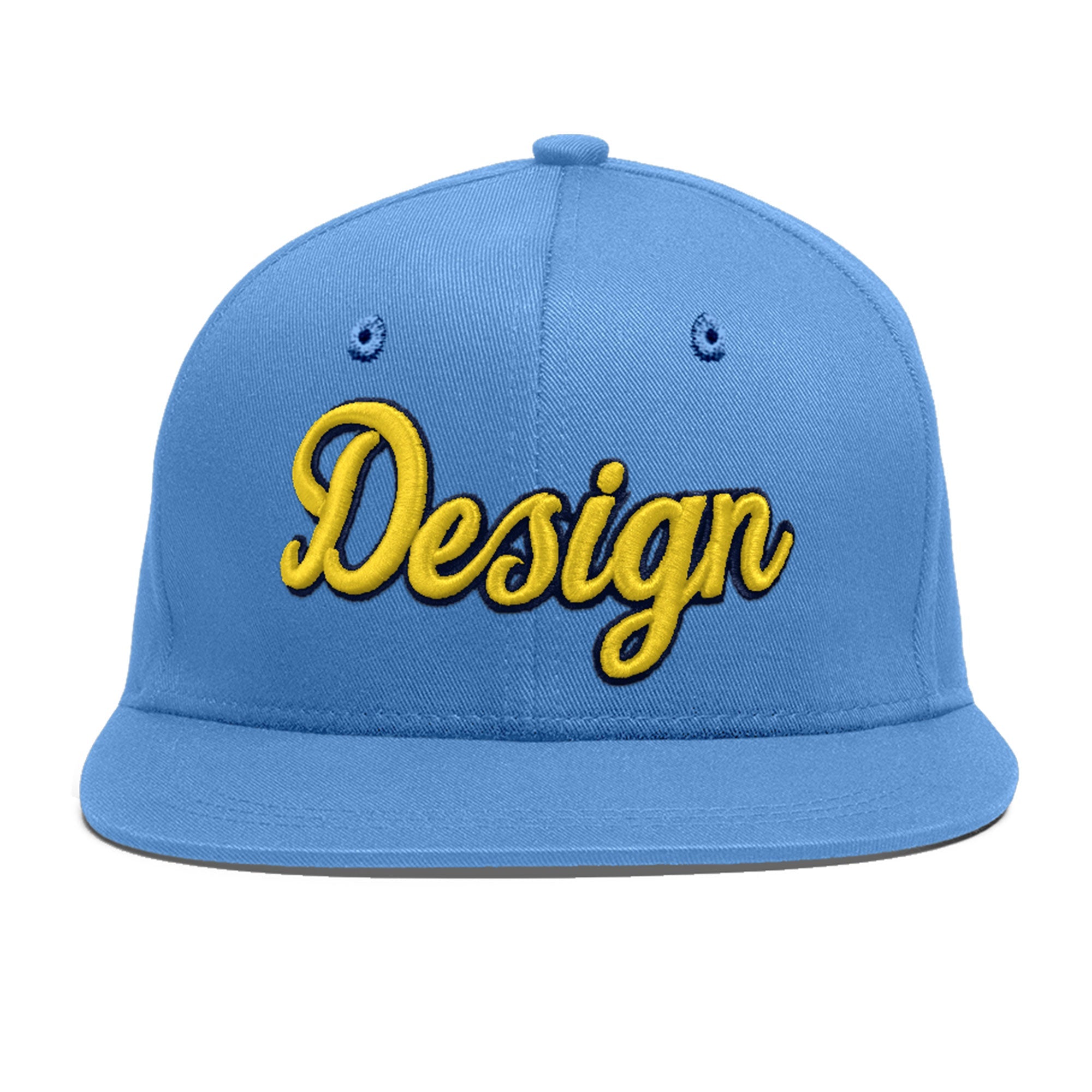 Custom Powder Blue Gold-Navy 3D Puff Embroidery Flat Embroidery Casual Sport Baseball Cap