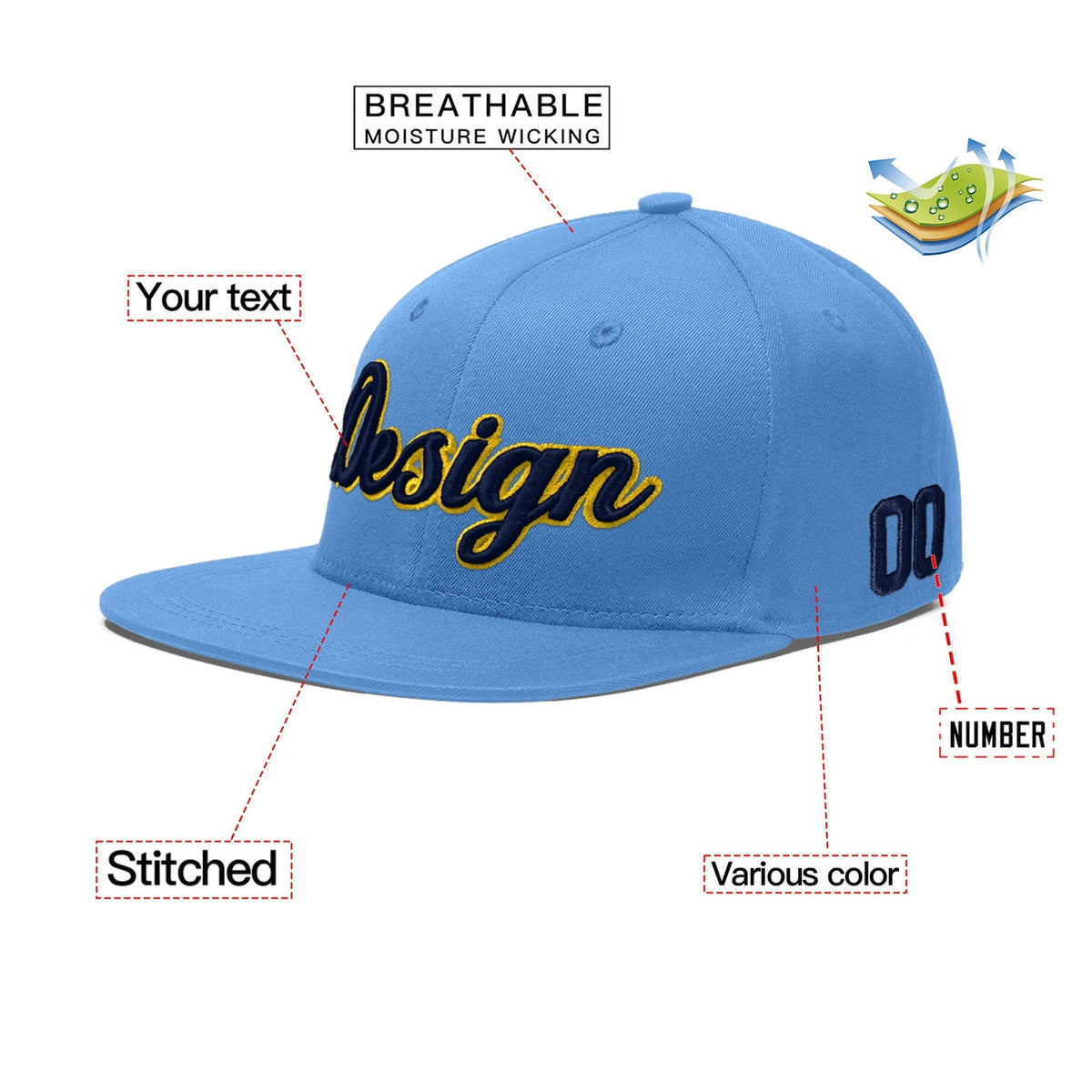 Custom Light Blue 3D Puff Embroidery Flat Embroidery Casual Sport Baseball Cap