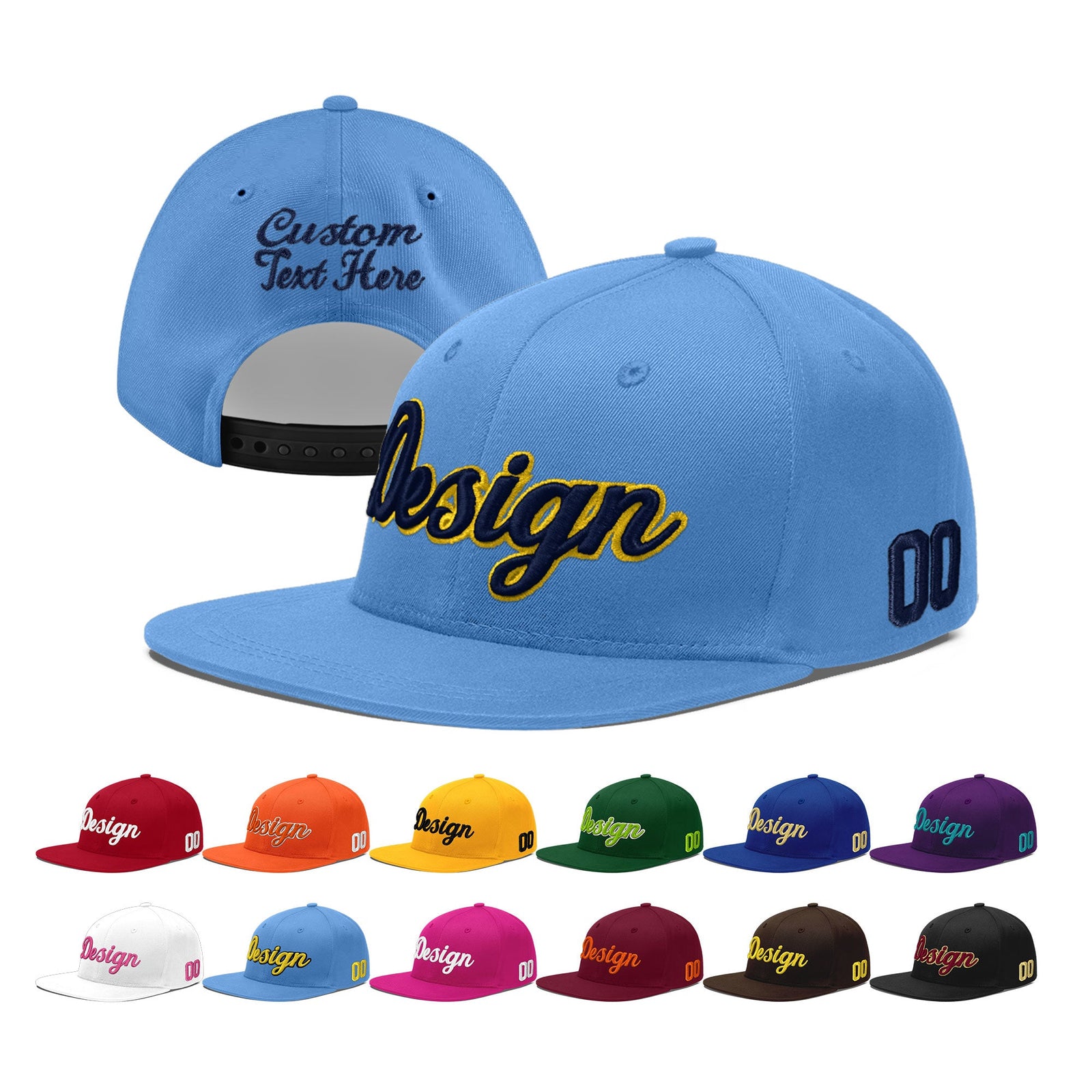 Custom Powder Blue 3D Puff Embroidery Flat Embroidery Casual Sport Baseball Cap