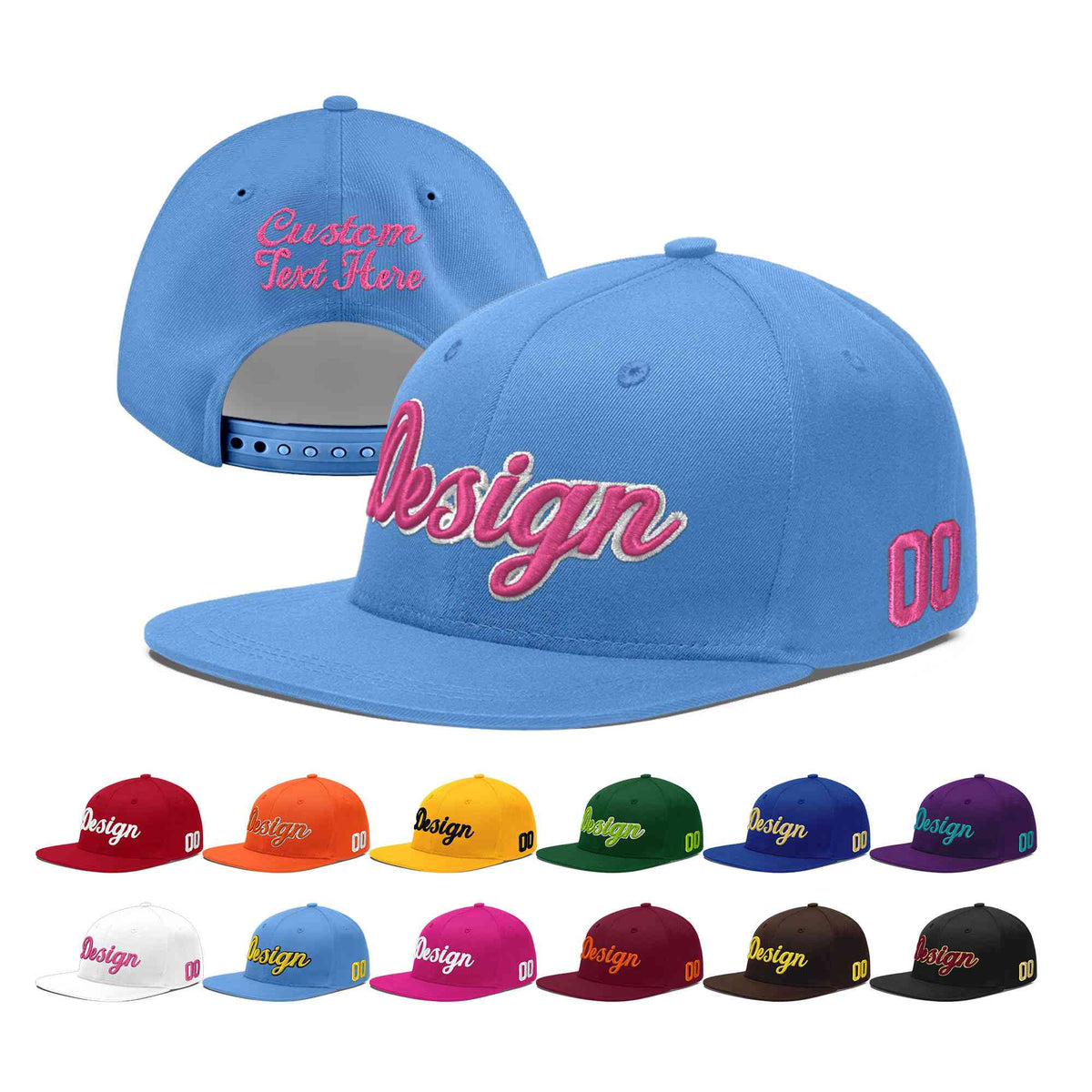 Custom Light Blue 3D Puff Embroidery Flat Embroidery Casual Sport Baseball Cap