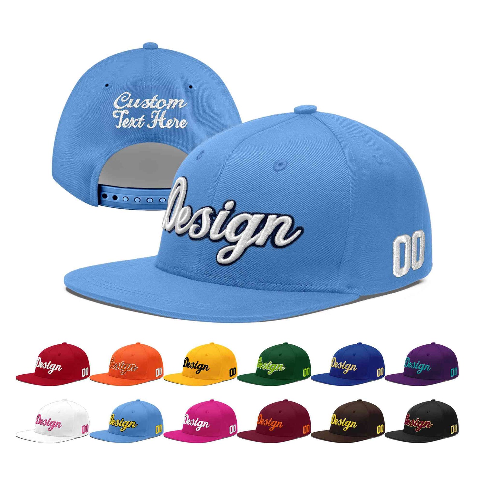 Custom Powder Blue 3D Puff Embroidery Flat Embroidery Casual Sport Baseball Cap