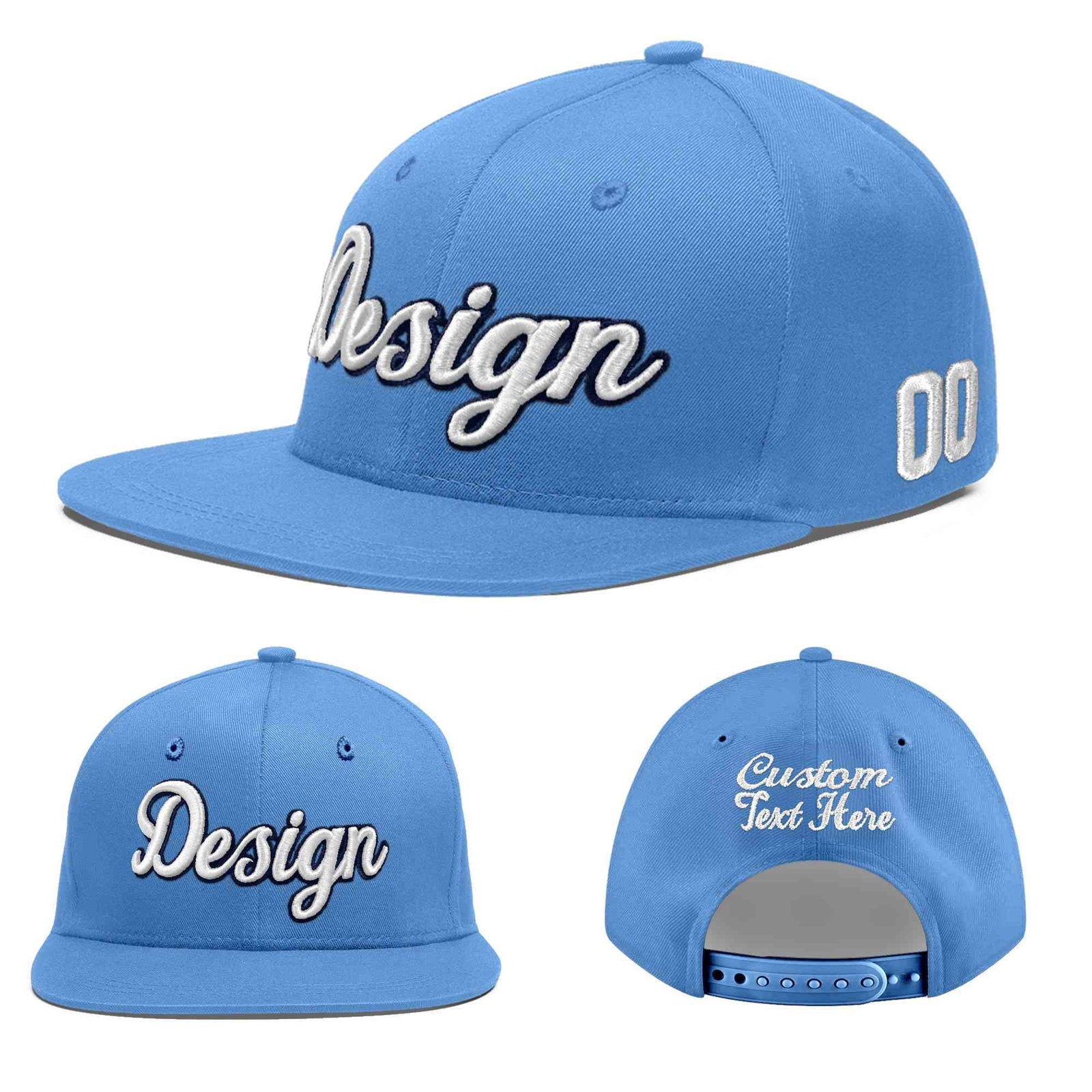 Custom Powder Blue 3D Puff Embroidery Flat Embroidery Casual Sport Baseball Cap