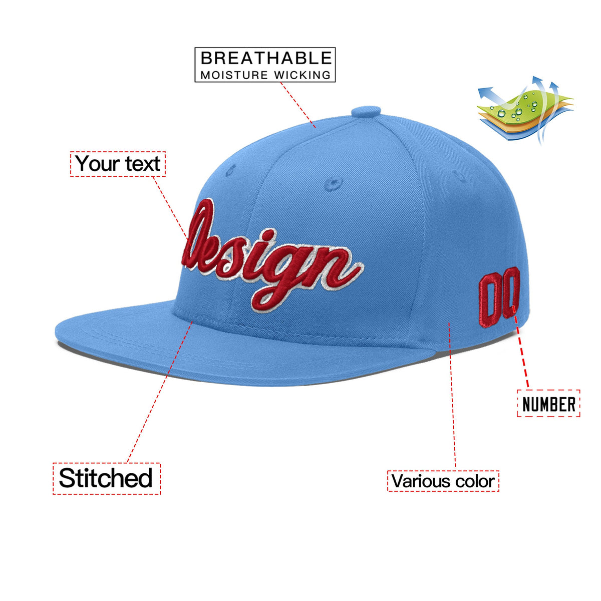 Custom Powder Blue 3D Puff Embroidery Flat Embroidery Casual Sport Baseball Cap
