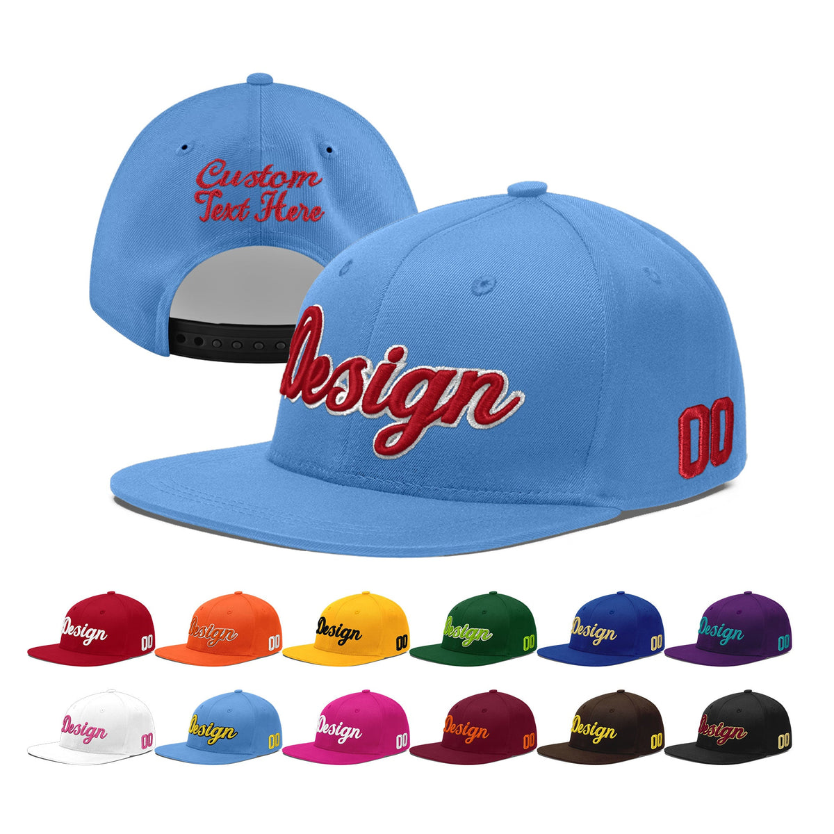 Custom Powder Blue 3D Puff Embroidery Flat Embroidery Casual Sport Baseball Cap