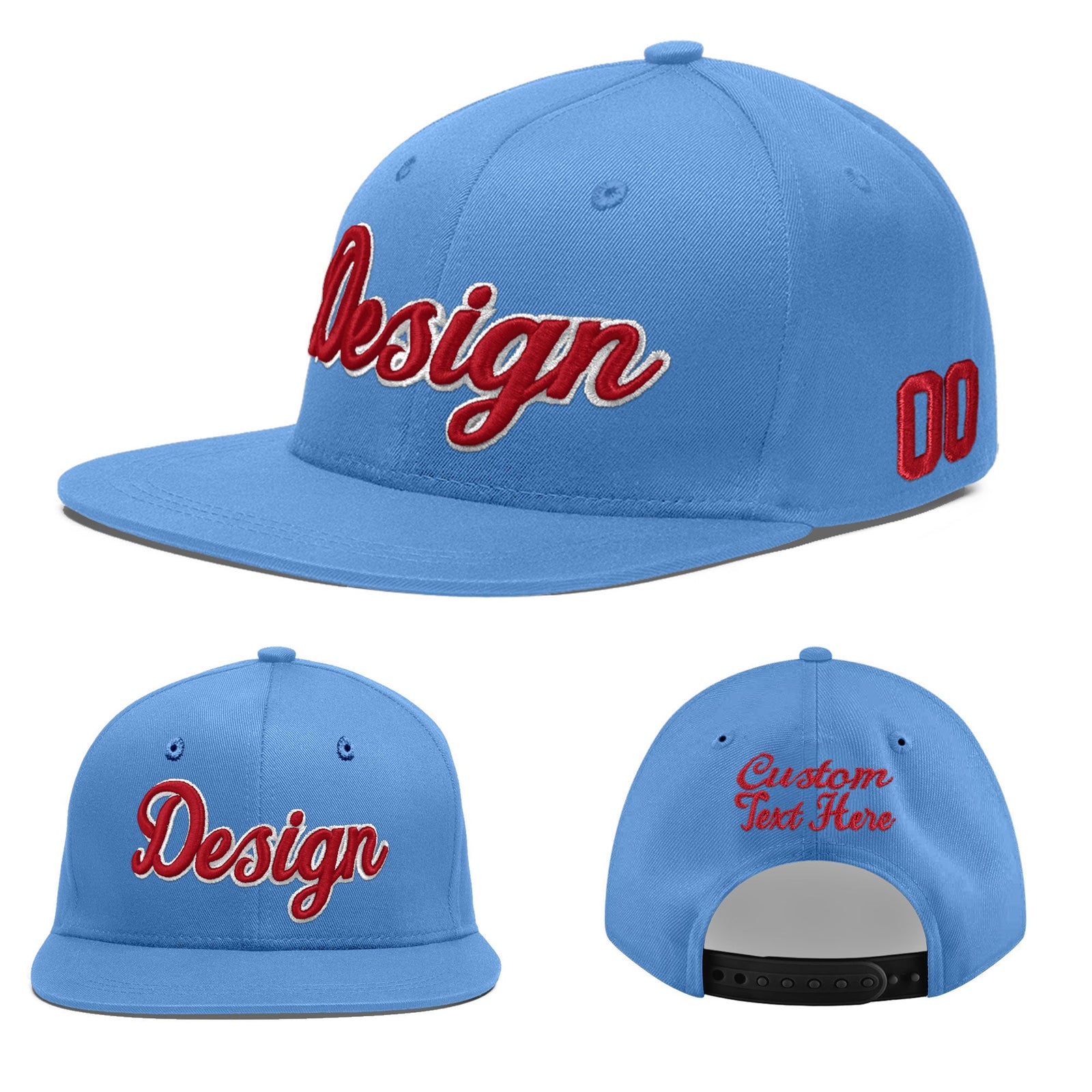 Custom Powder Blue 3D Puff Embroidery Flat Embroidery Casual Sport Baseball Cap