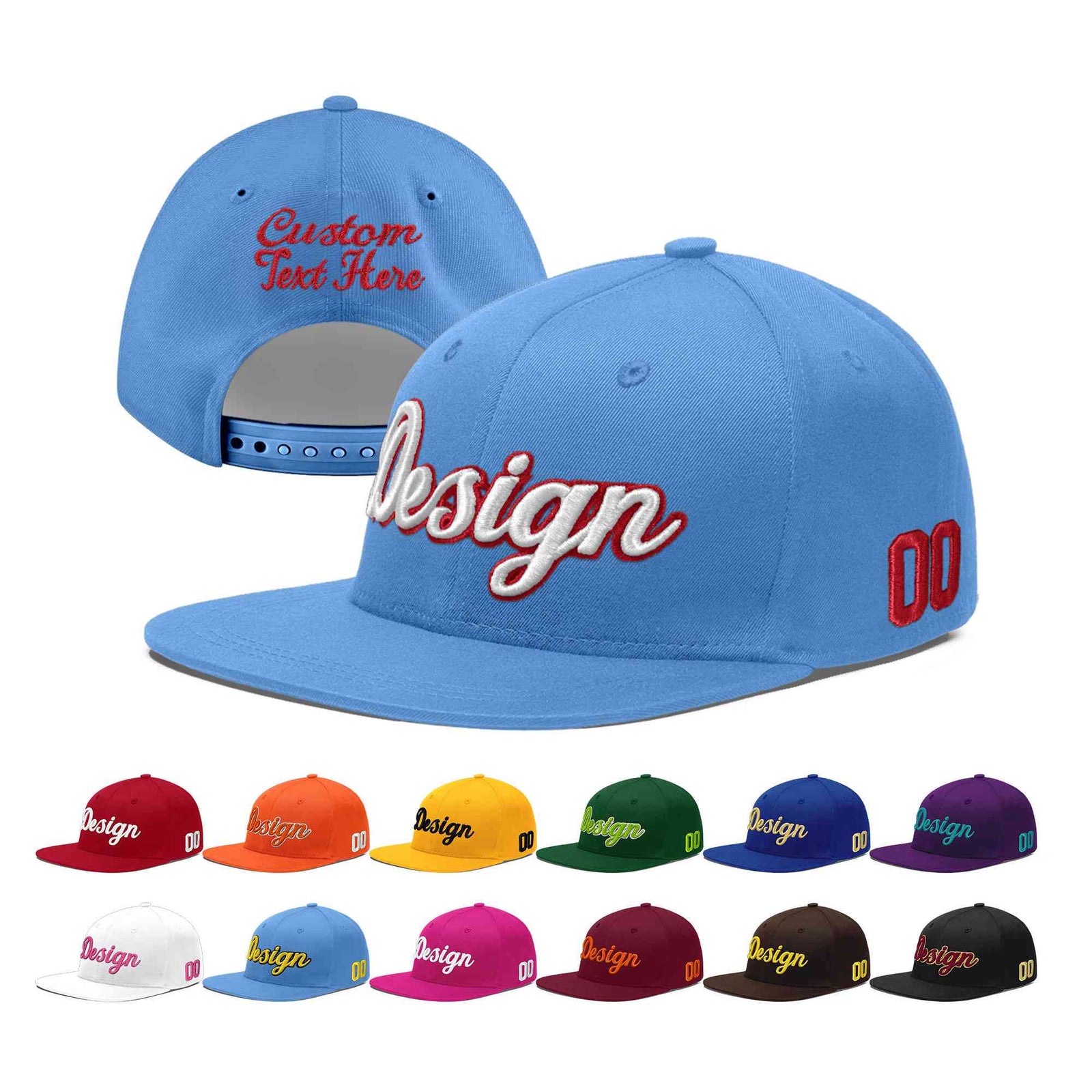 Custom Powder Blue 3D Puff Embroidery Flat Embroidery Casual Sport Baseball Cap
