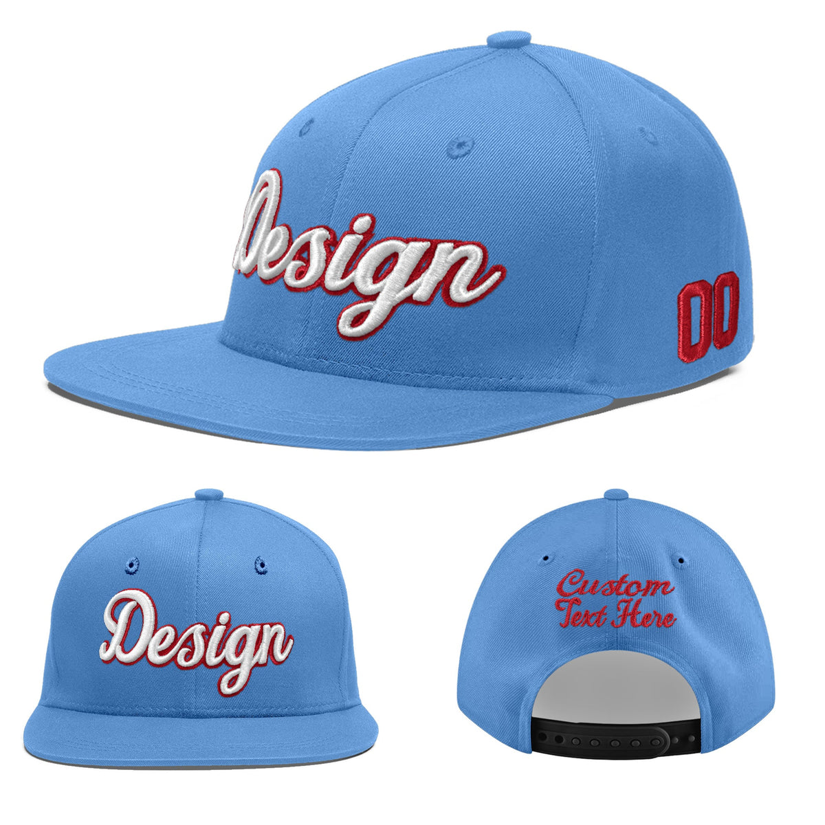 Custom Powder Blue 3D Puff Embroidery Flat Embroidery Casual Sport Baseball Cap