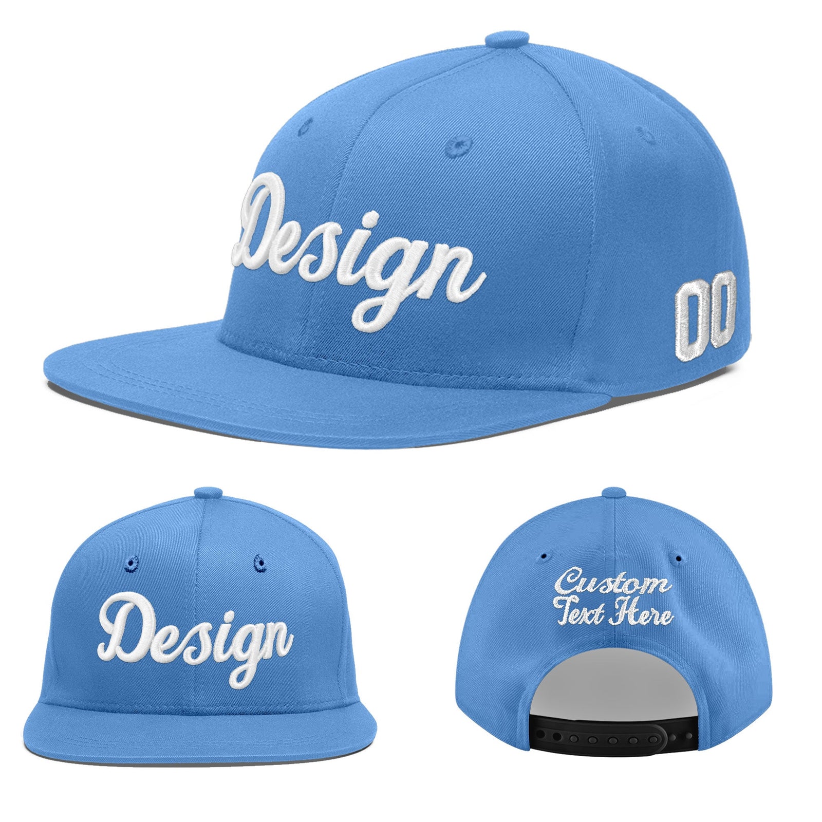 Custom Powder Blue 3D Puff Embroidery Flat Embroidery Casual Sport Baseball Cap