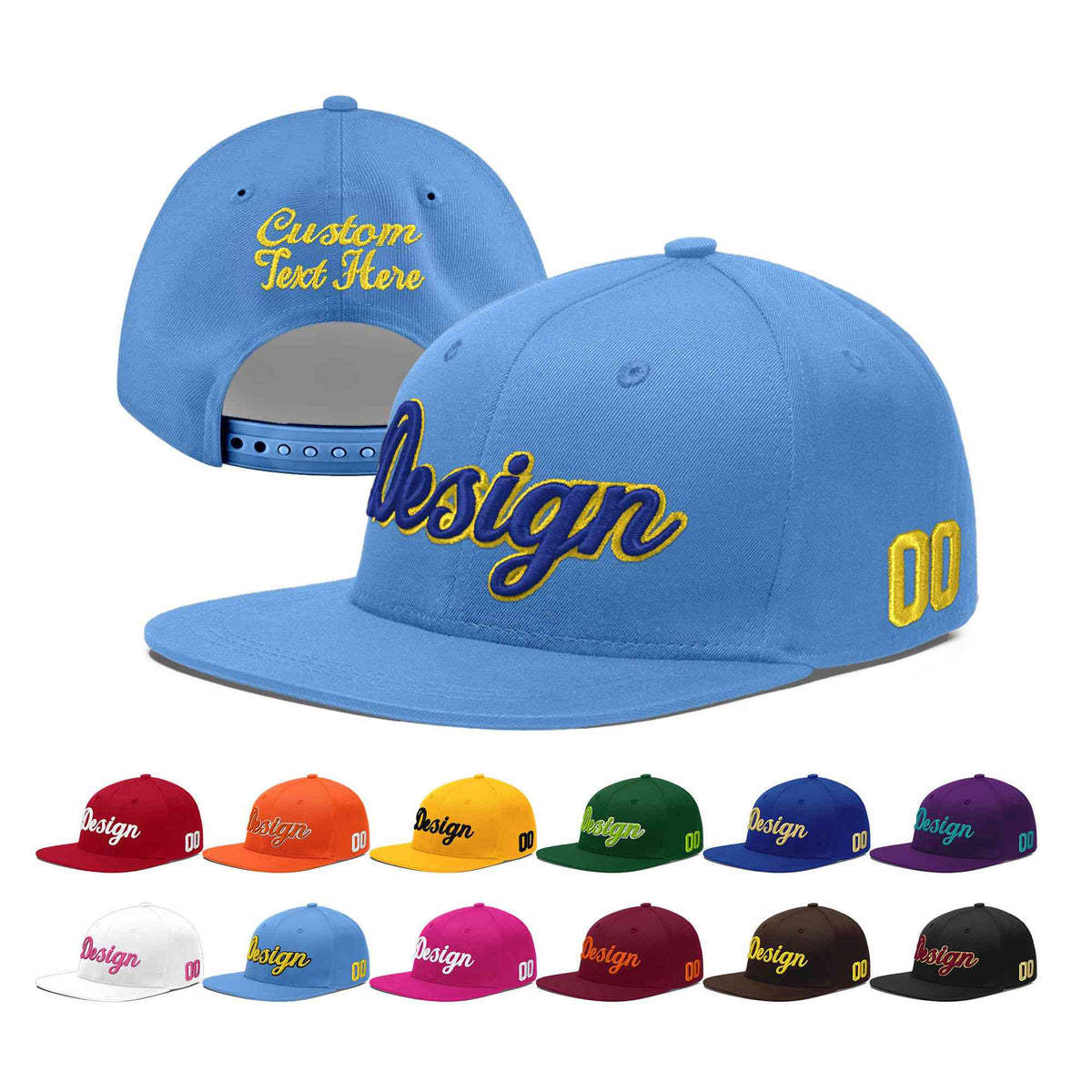 Custom Powder Blue 3D Puff Embroidery Flat Embroidery Casual Sport Baseball Cap