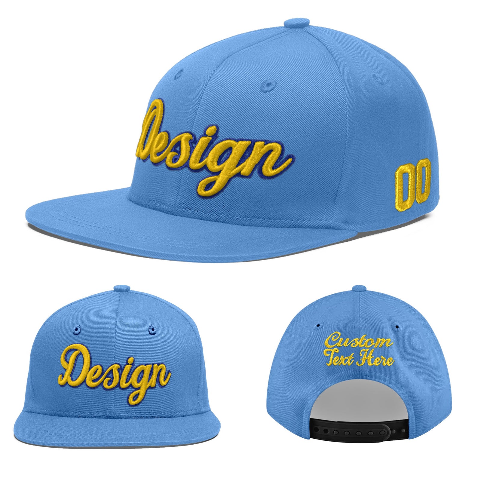 Custom Powder Blue 3D Puff Embroidery Flat Embroidery Casual Sport Baseball Cap
