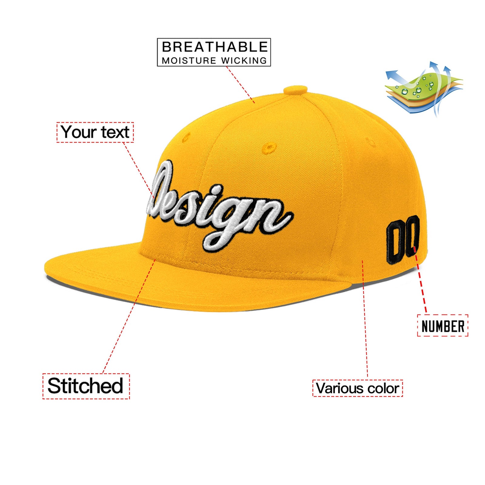 Custom Yellow 3D Puff Embroidery Flat Embroidery Casual Sport Baseball Cap