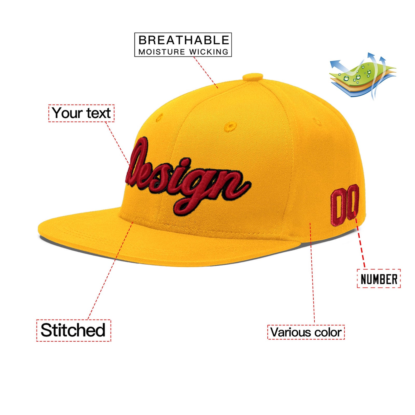 Custom Yellow 3D Puff Embroidery Flat Embroidery Casual Sport Baseball Cap
