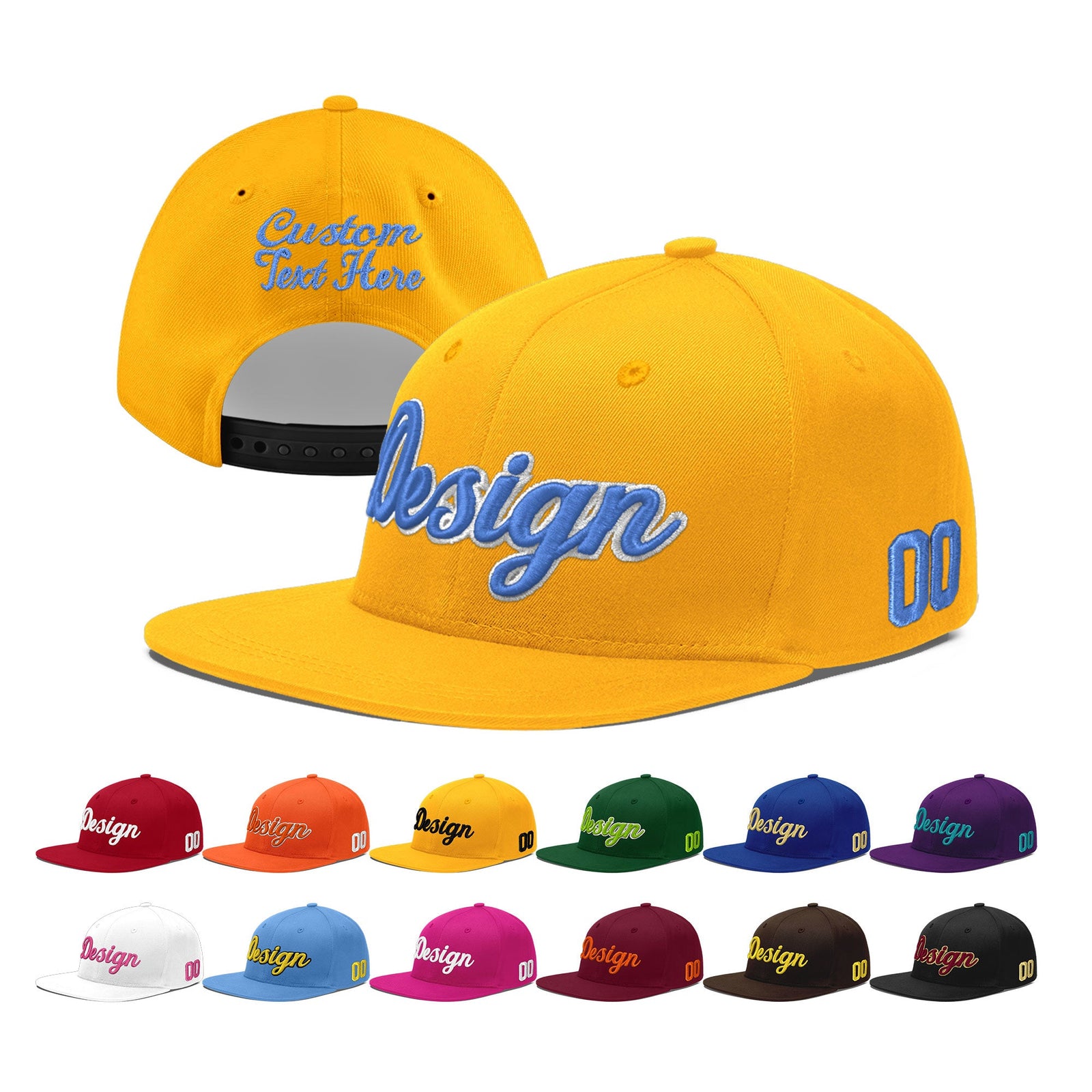 Custom Yellow 3D Puff Embroidery Flat Embroidery Casual Sport Baseball Cap
