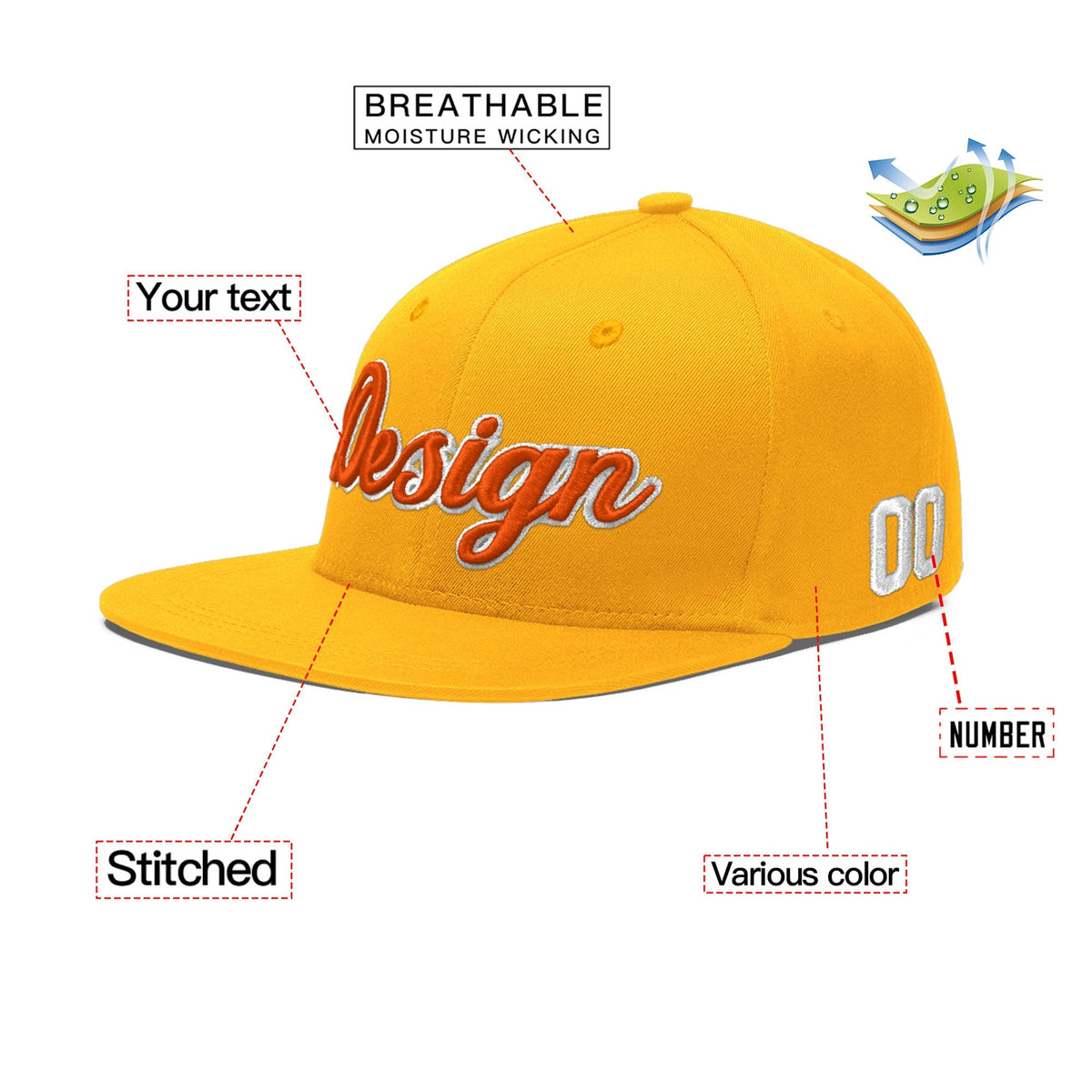 Custom Yellow 3D Puff Embroidery Flat Embroidery Casual Sport Baseball Cap