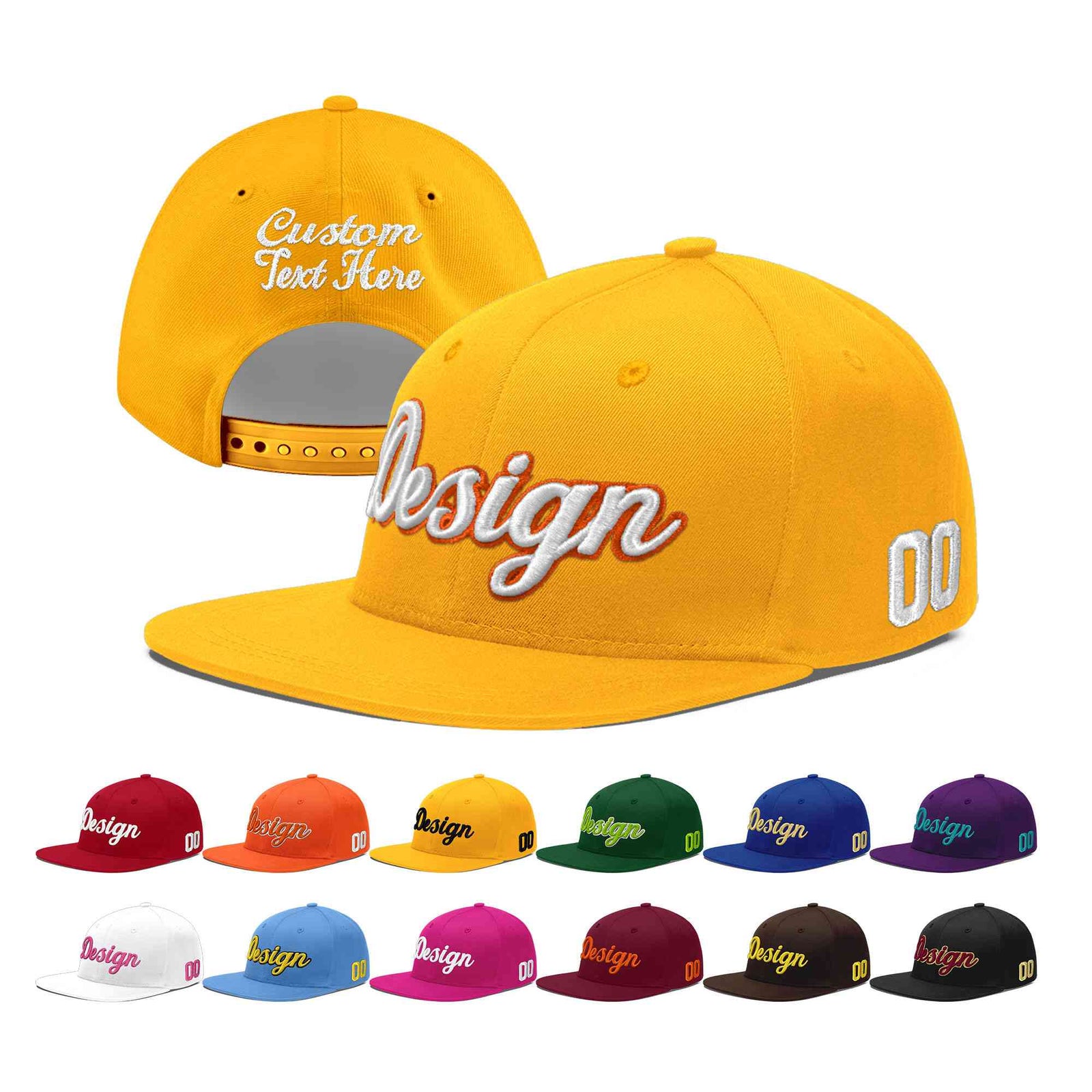 Custom Yellow 3D Puff Embroidery Flat Embroidery Casual Sport Baseball Cap