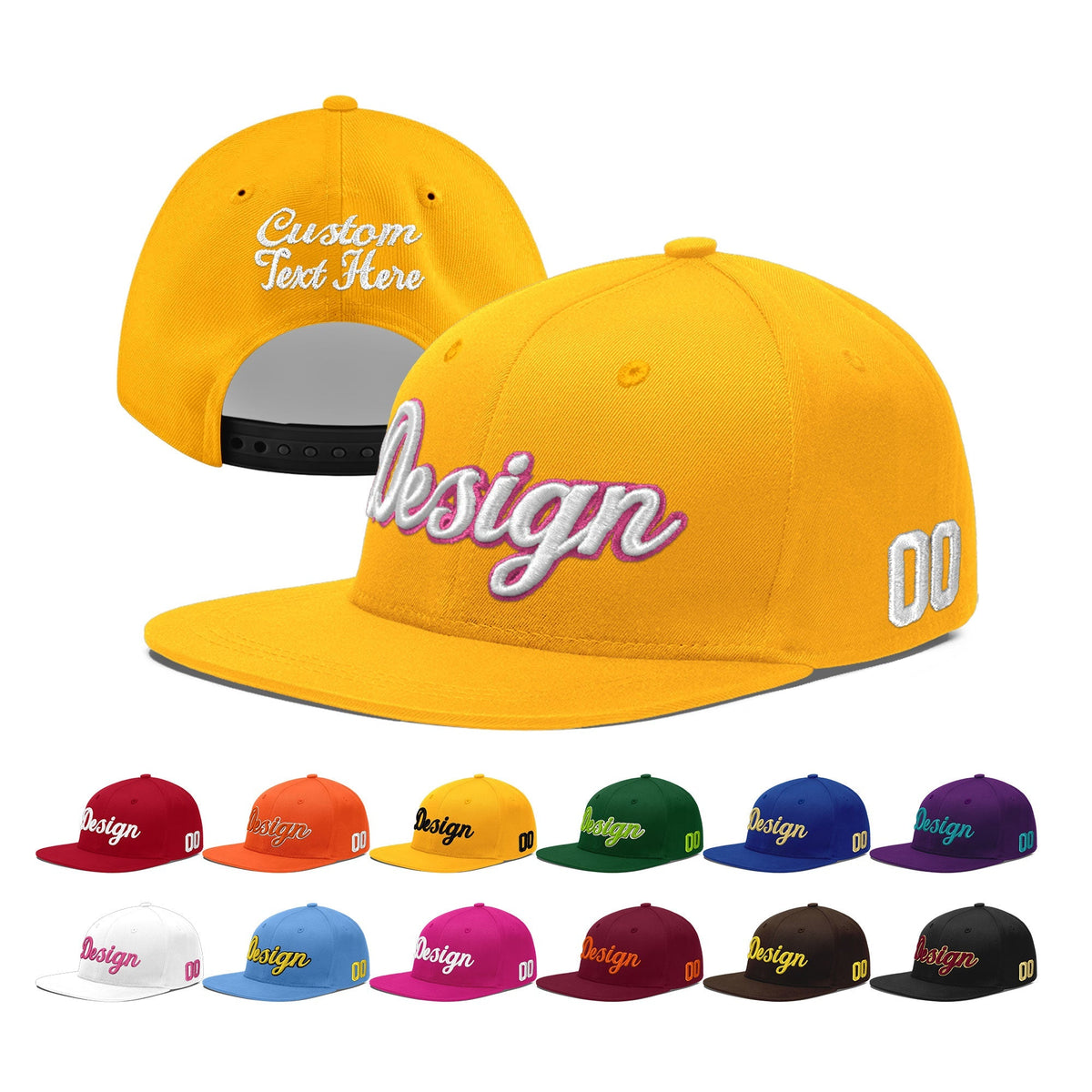 Custom Yellow 3D Puff Embroidery Flat Embroidery Casual Sport Baseball Cap