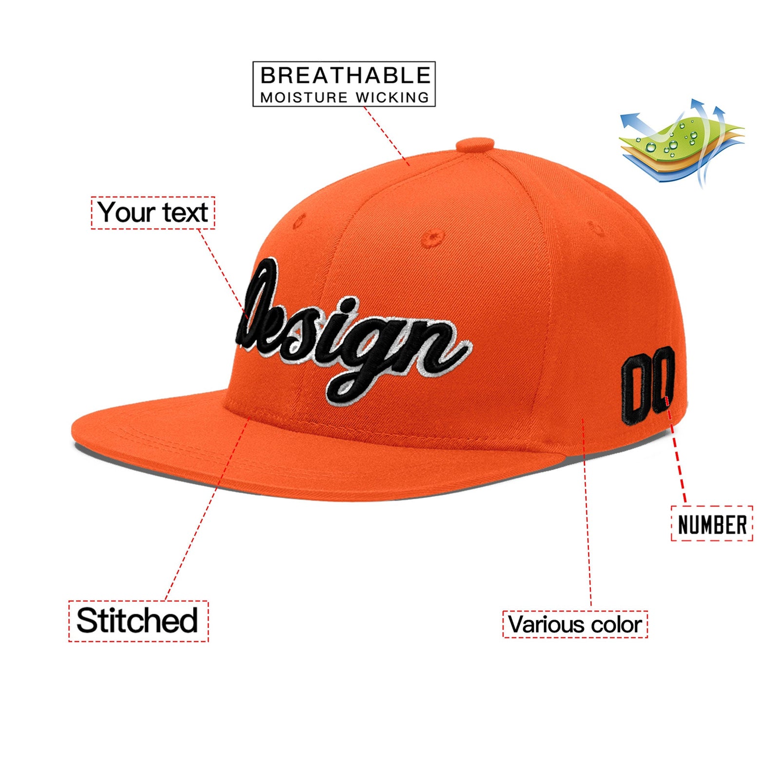 Custom Orange 3D Puff Embroidery Flat Embroidery Casual Sport Baseball Cap