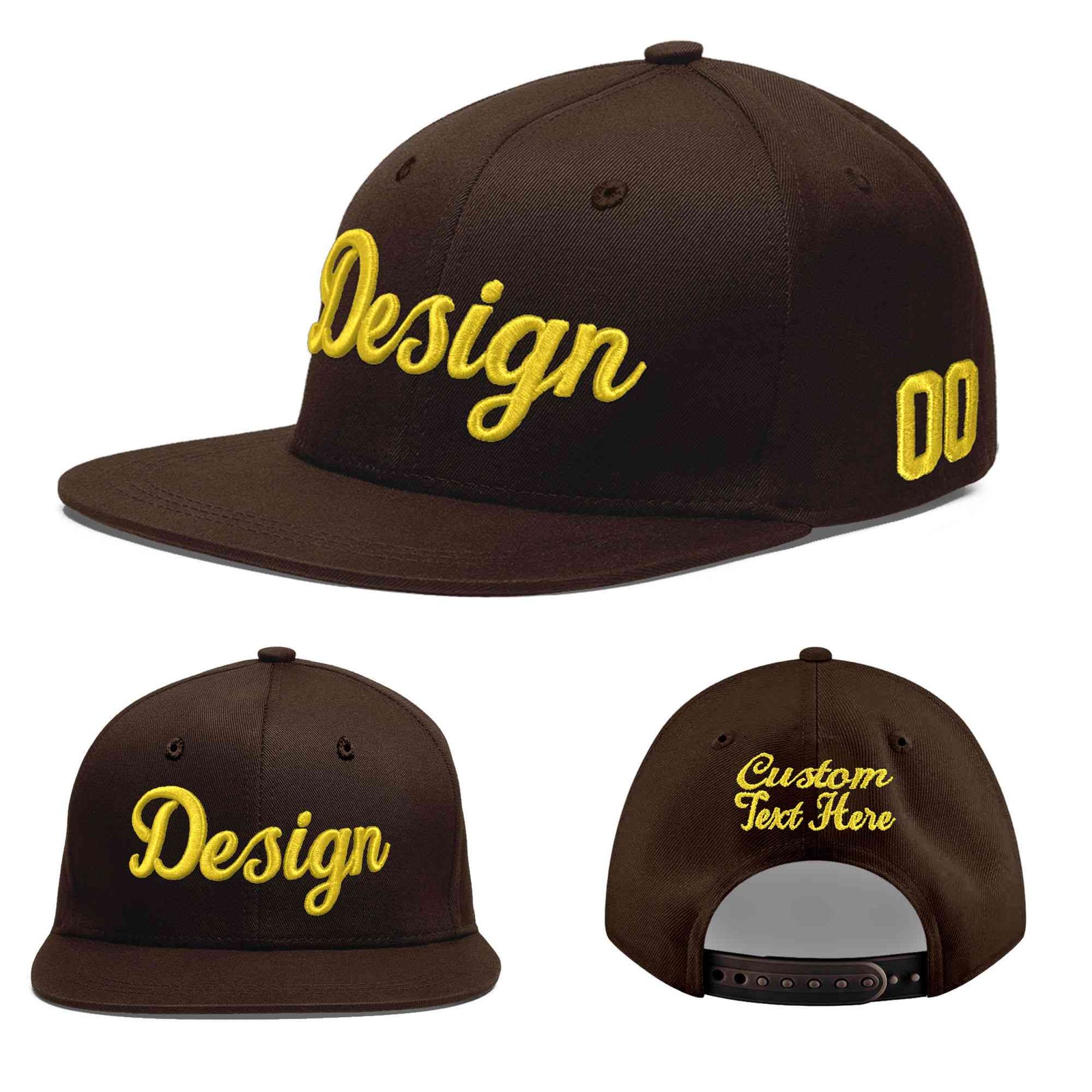 Custom Brown 3D Puff Embroidery Flat Embroidery Casual Sport Baseball Cap