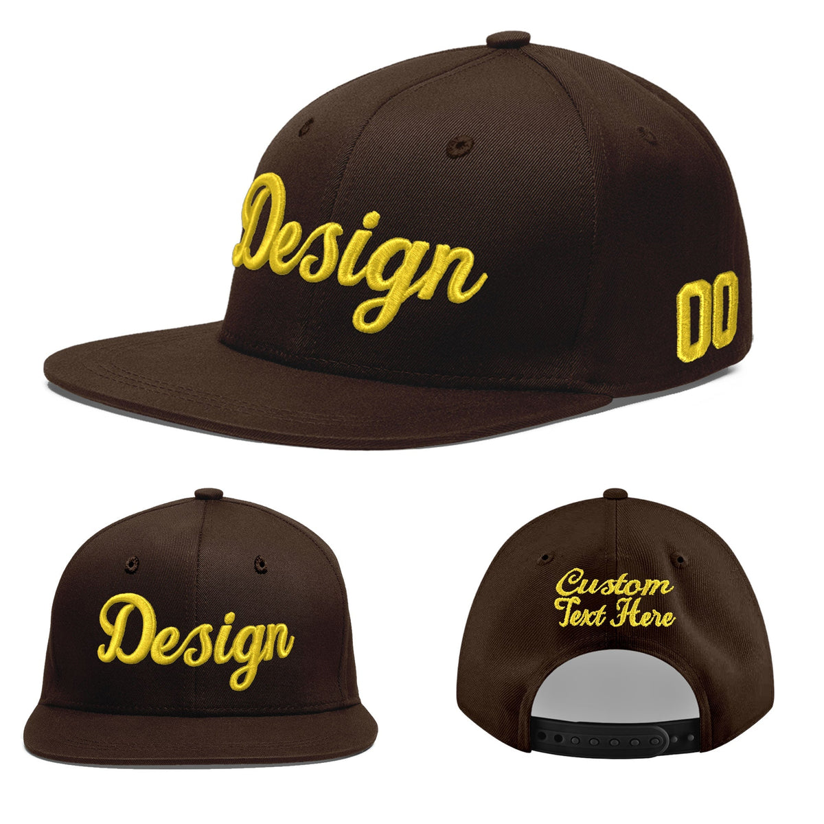 Custom Brown 3D Puff Embroidery Flat Embroidery Casual Sport Baseball Cap