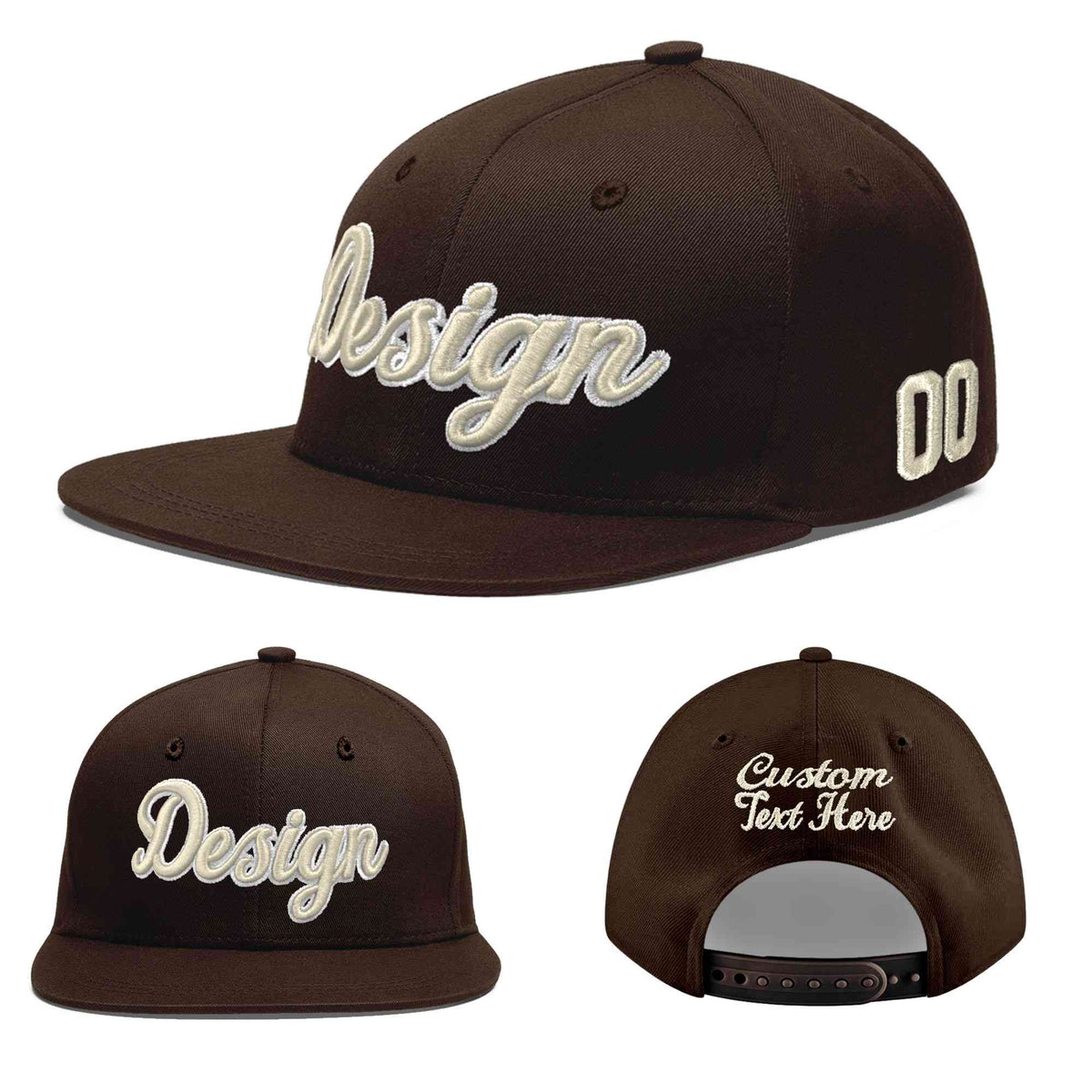 Custom Brown 3D Puff Embroidery Flat Embroidery Casual Sport Baseball Cap