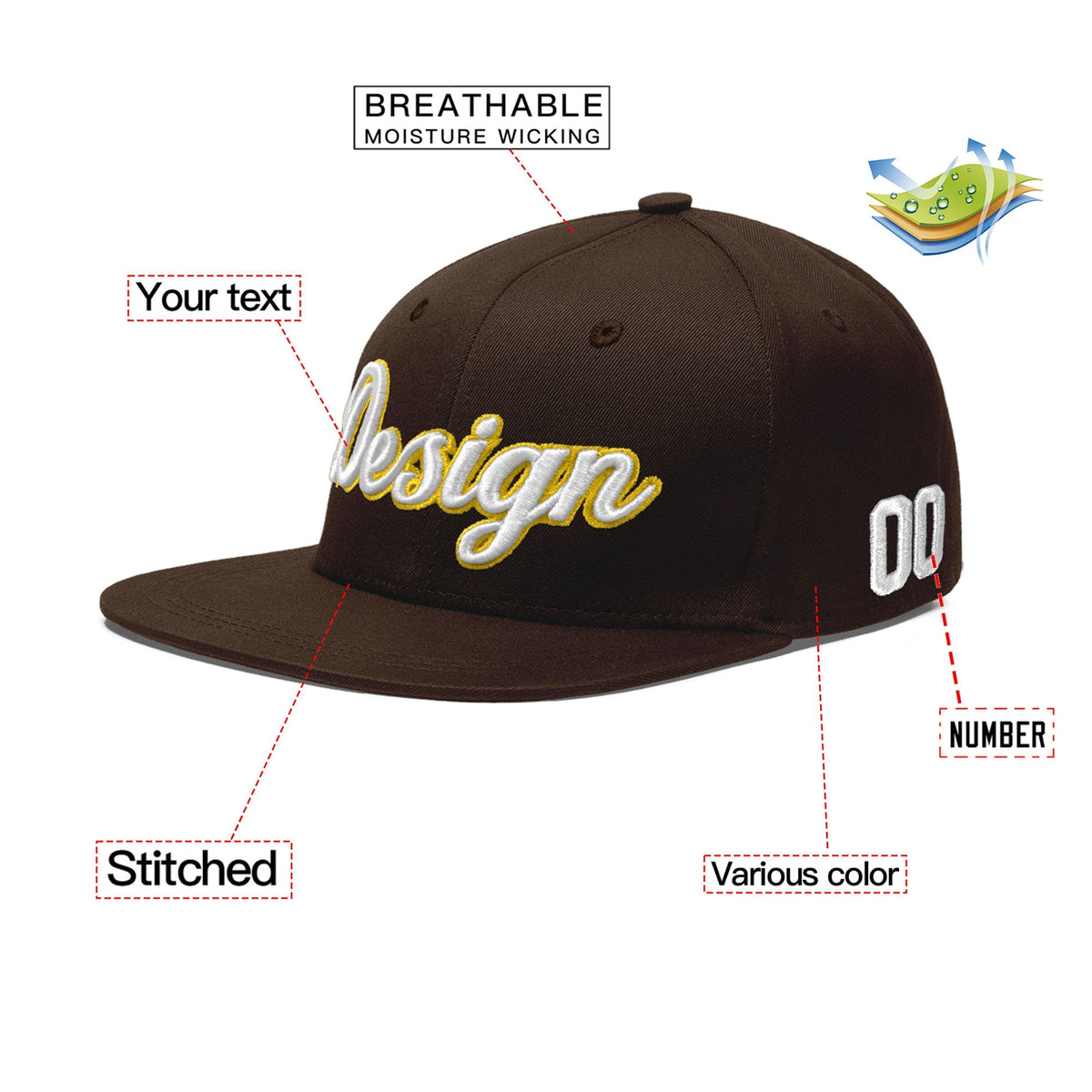 Custom Brown 3D Puff Embroidery Flat Embroidery Casual Sport Baseball Cap