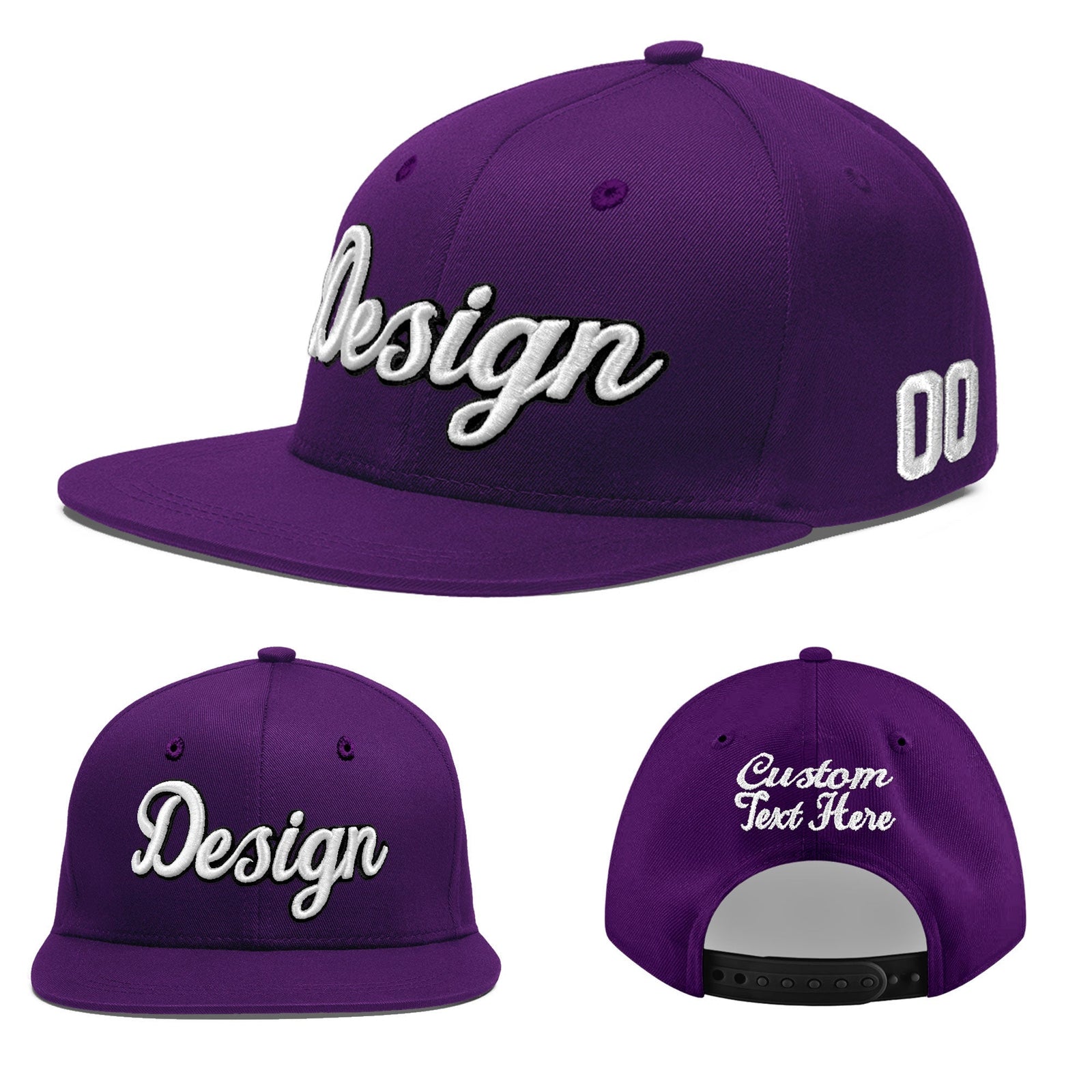 Custom Purple 3D Puff Embroidery Flat Embroidery Casual Sport Baseball Cap