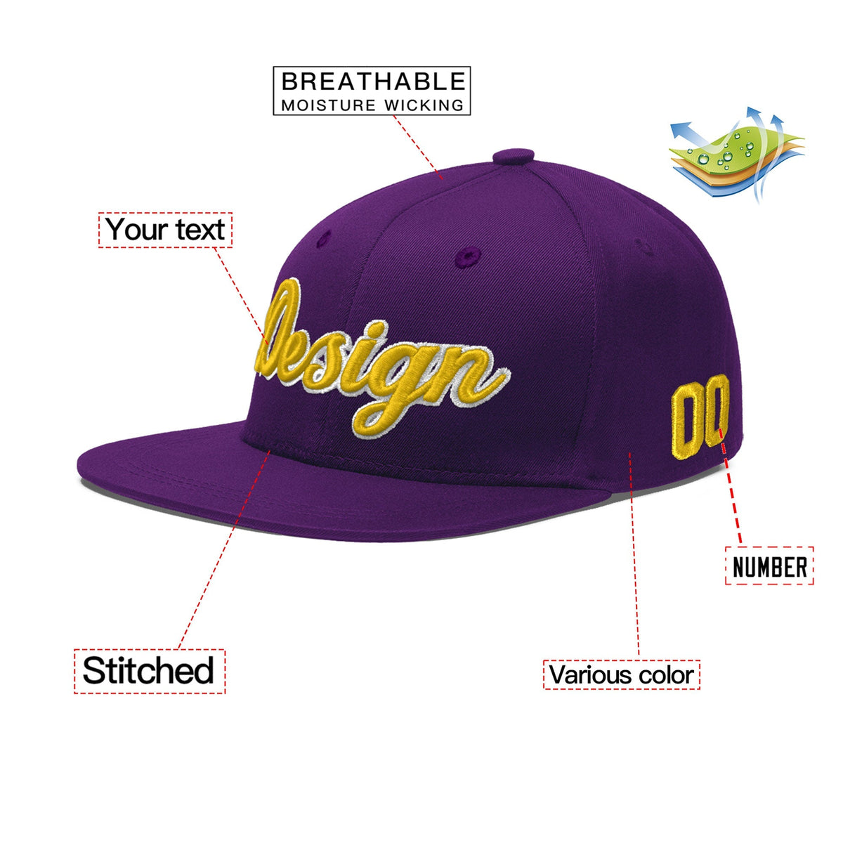 Custom Purple 3D Puff Embroidery Flat Embroidery Casual Sport Baseball Cap