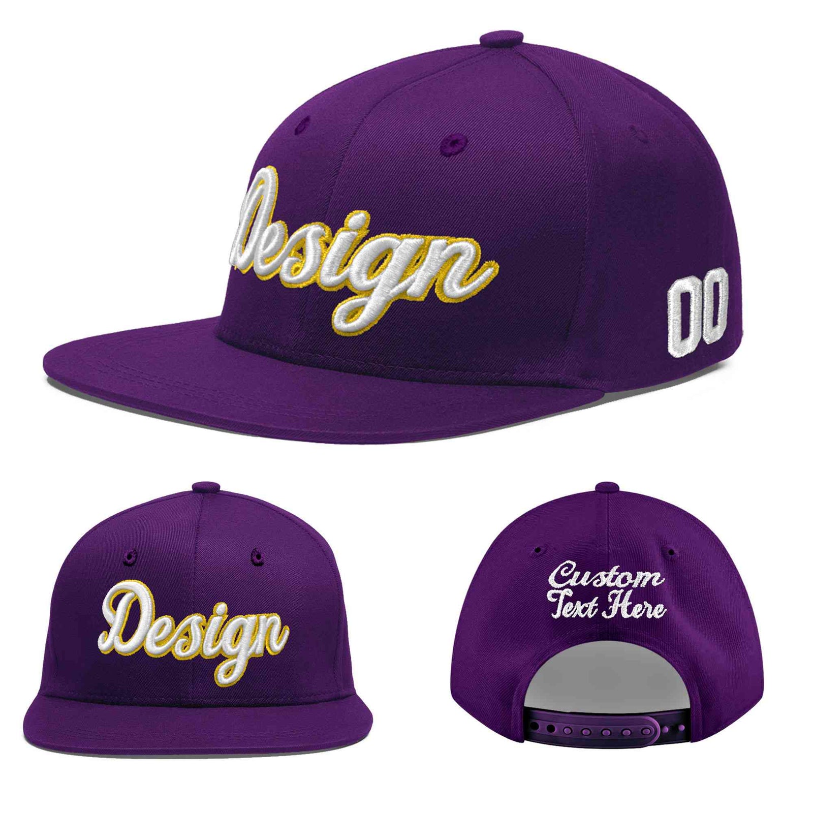 Custom Purple 3D Puff Embroidery Flat Embroidery Casual Sport Baseball Cap