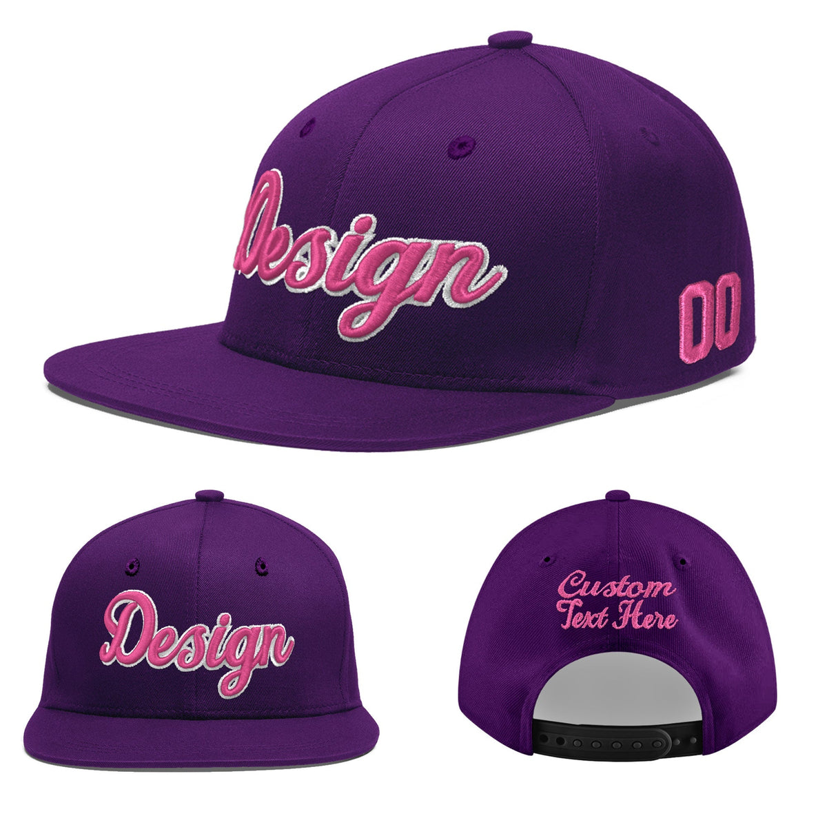 Custom Purple 3D Puff Embroidery Flat Embroidery Casual Sport Baseball Cap