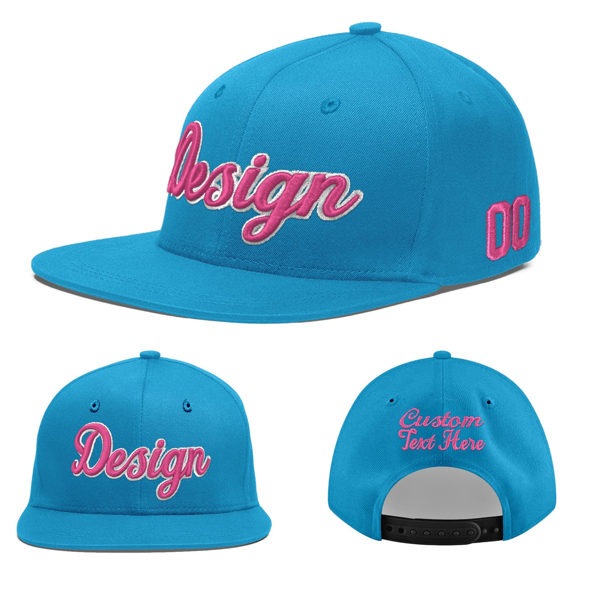 Custom Light Blue 3D Puff Embroidery Flat Embroidery Casual Sport Baseball Cap