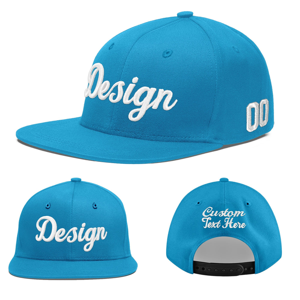 Custom Light Blue 3D Puff Embroidery Flat Embroidery Casual Sport Baseball Cap