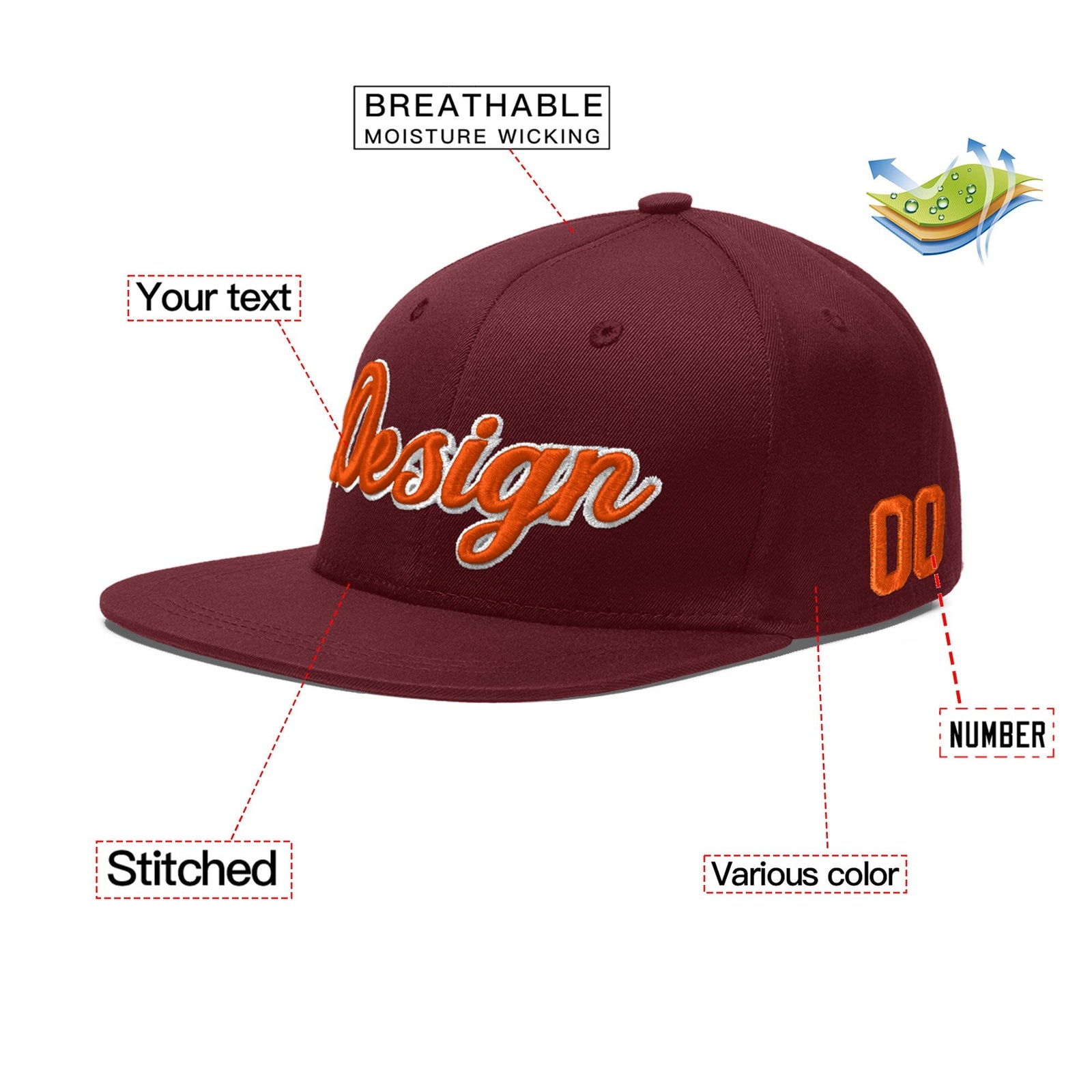 Custom Maroon 3D Puff Embroidery Flat Embroidery Casual Sport Baseball Cap