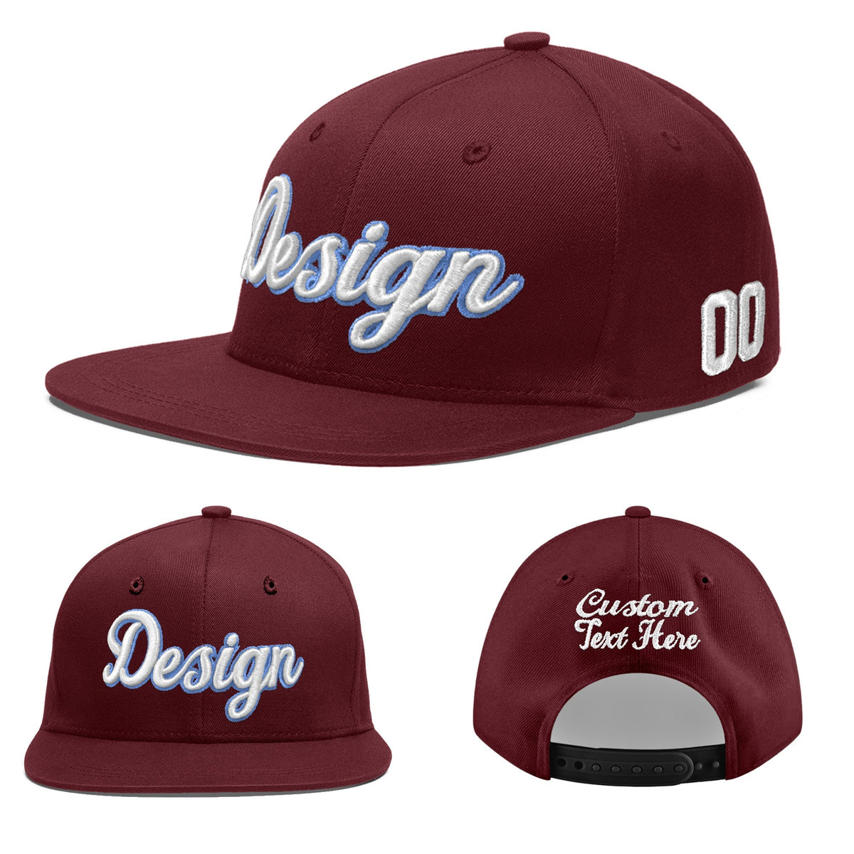 Custom Maroon 3D Puff Embroidery Flat Embroidery Casual Sport Baseball Cap
