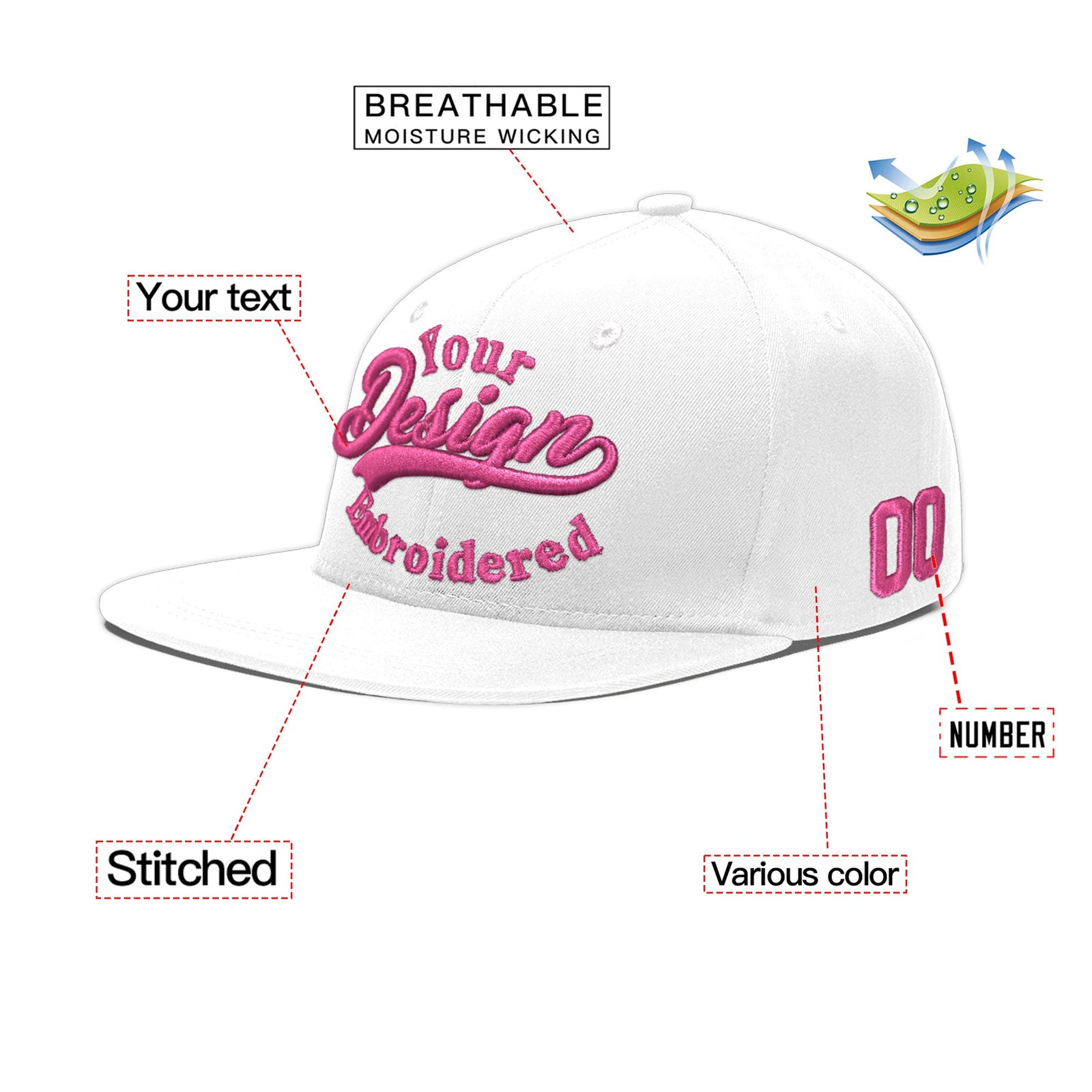 Custom White 3D Puff Embroidery Flat Embroidery Casual Sport Baseball Cap