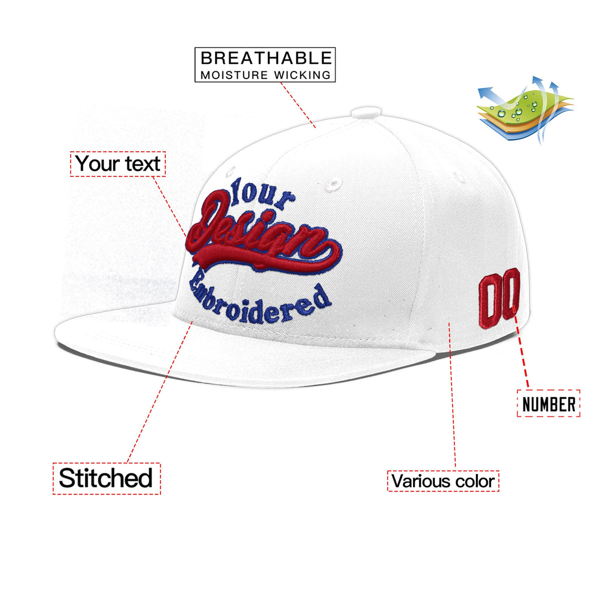 Custom White 3D Puff Embroidery Flat Embroidery Casual Sport Baseball Cap