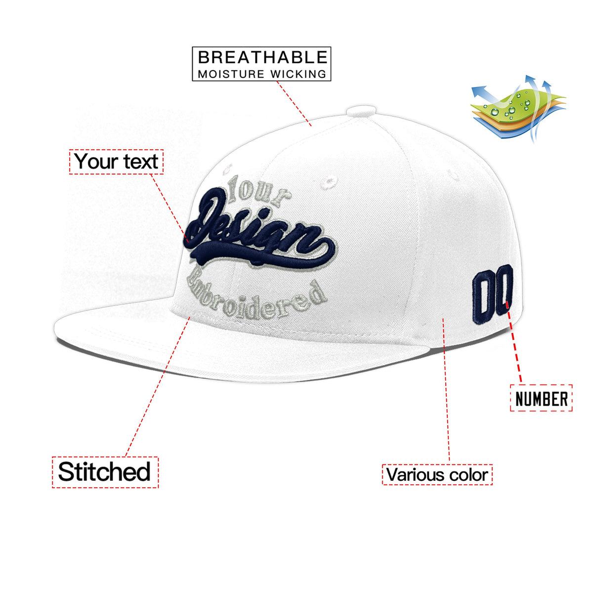 Custom White 3D Puff Embroidery Flat Embroidery Casual Sport Baseball Cap
