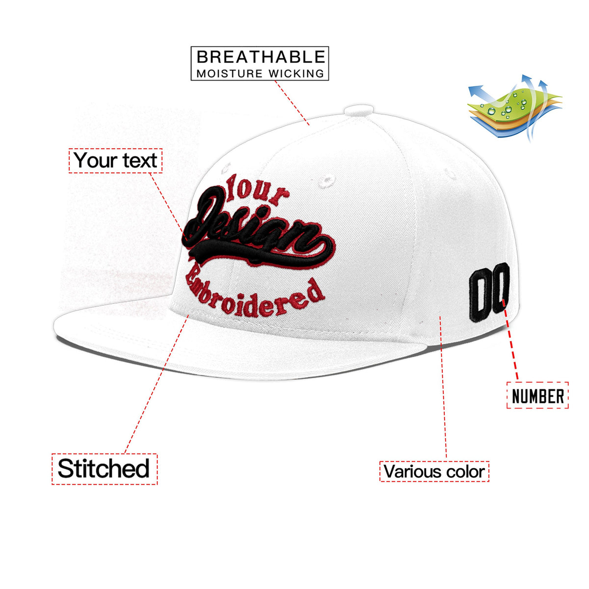 Custom White 3D Puff Embroidery Flat Embroidery Casual Sport Baseball Cap