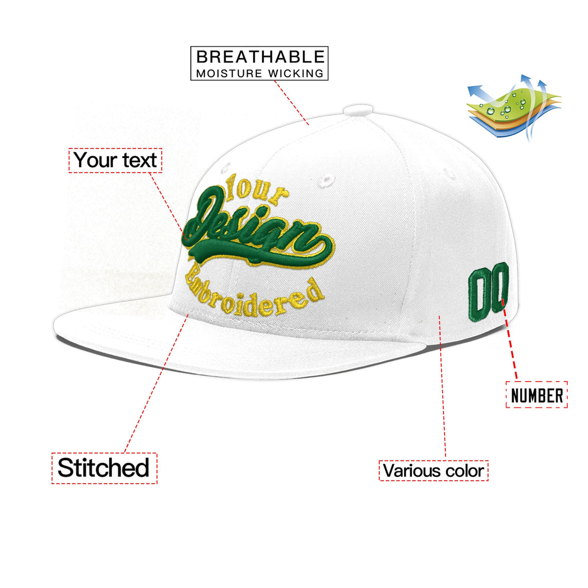 Custom White 3D Puff Embroidery Flat Embroidery Casual Sport Baseball Cap