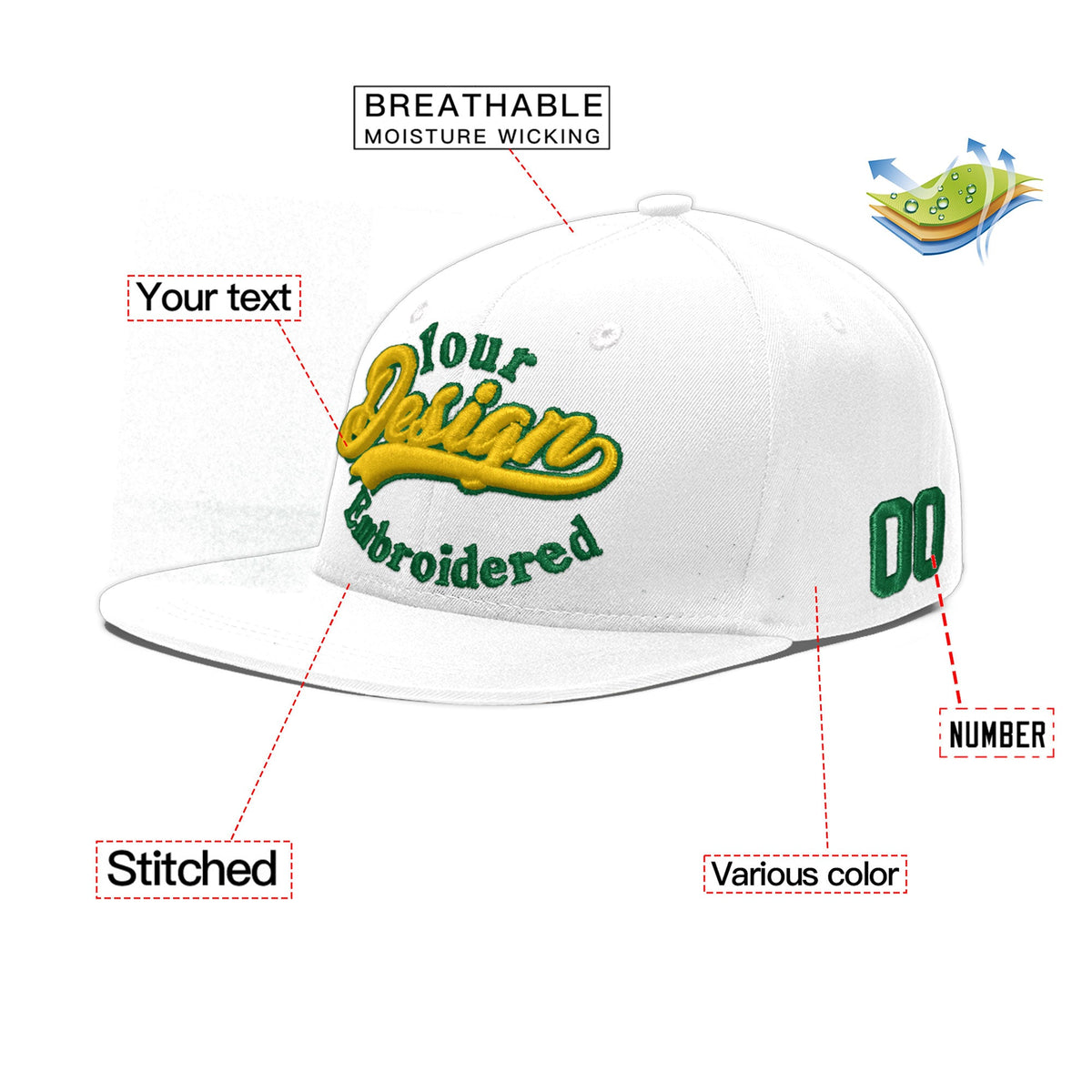 Custom White 3D Puff Embroidery Flat Embroidery Casual Sport Baseball Cap