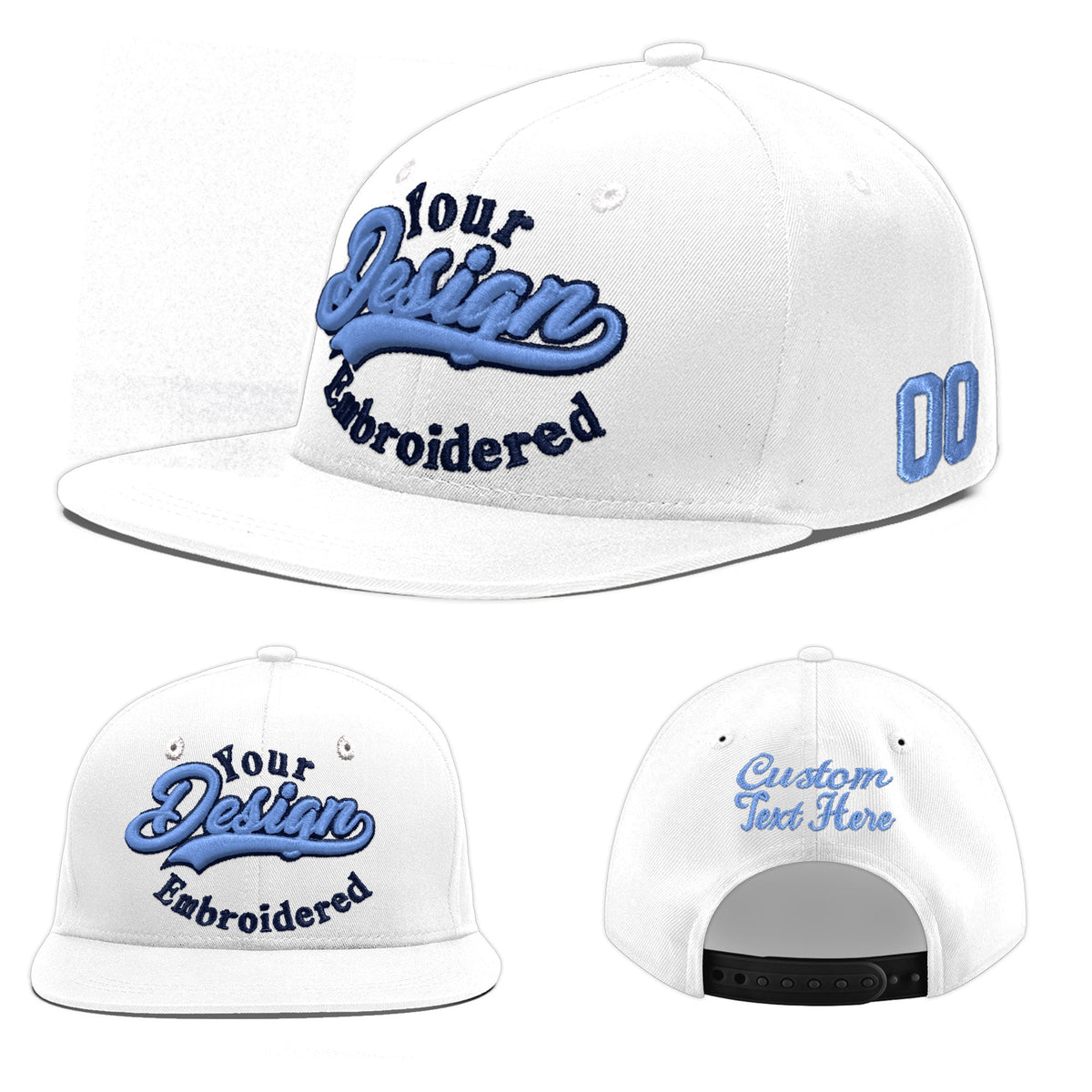 Custom White Light Blue-Navy 3D Puff Embroidery Flat Embroidery Casual Sport Baseball Cap