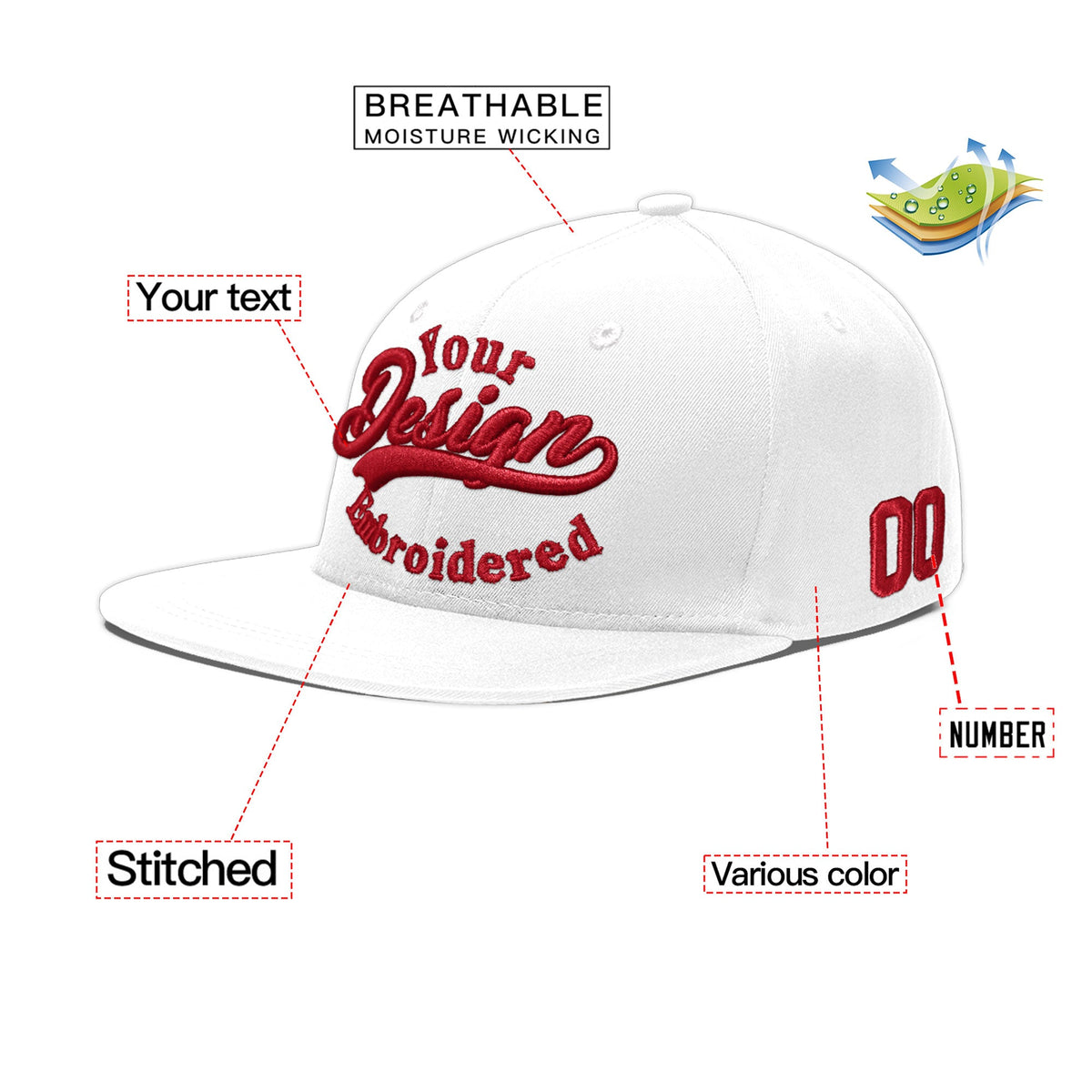 Custom White 3D Puff Embroidery Flat Embroidery Casual Sport Baseball Cap
