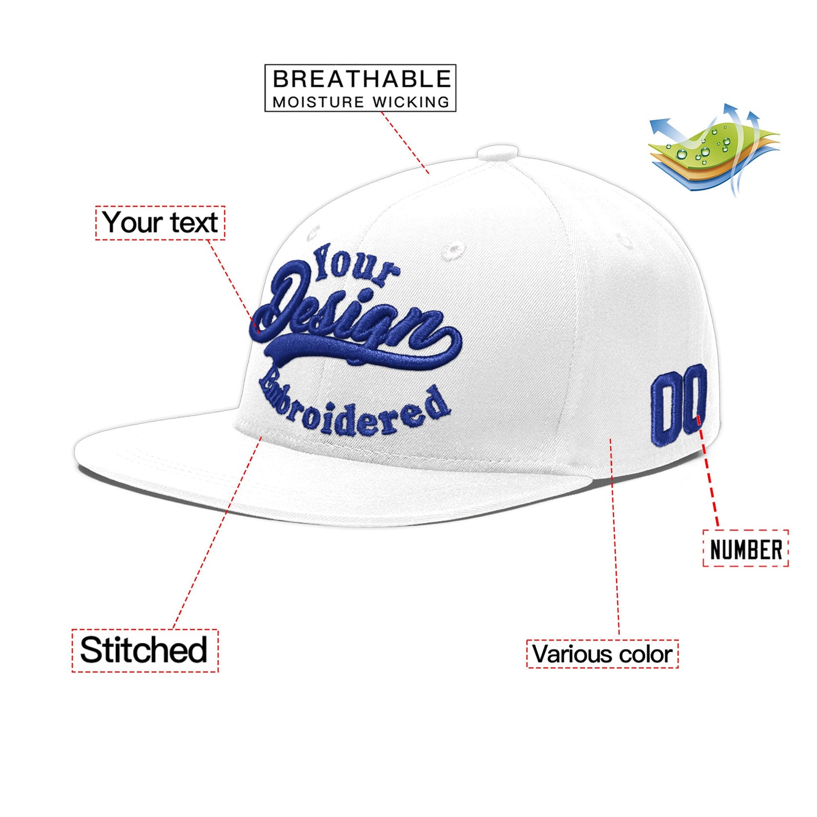 Custom White 3D Puff Embroidery Flat Embroidery Casual Sport Baseball Cap