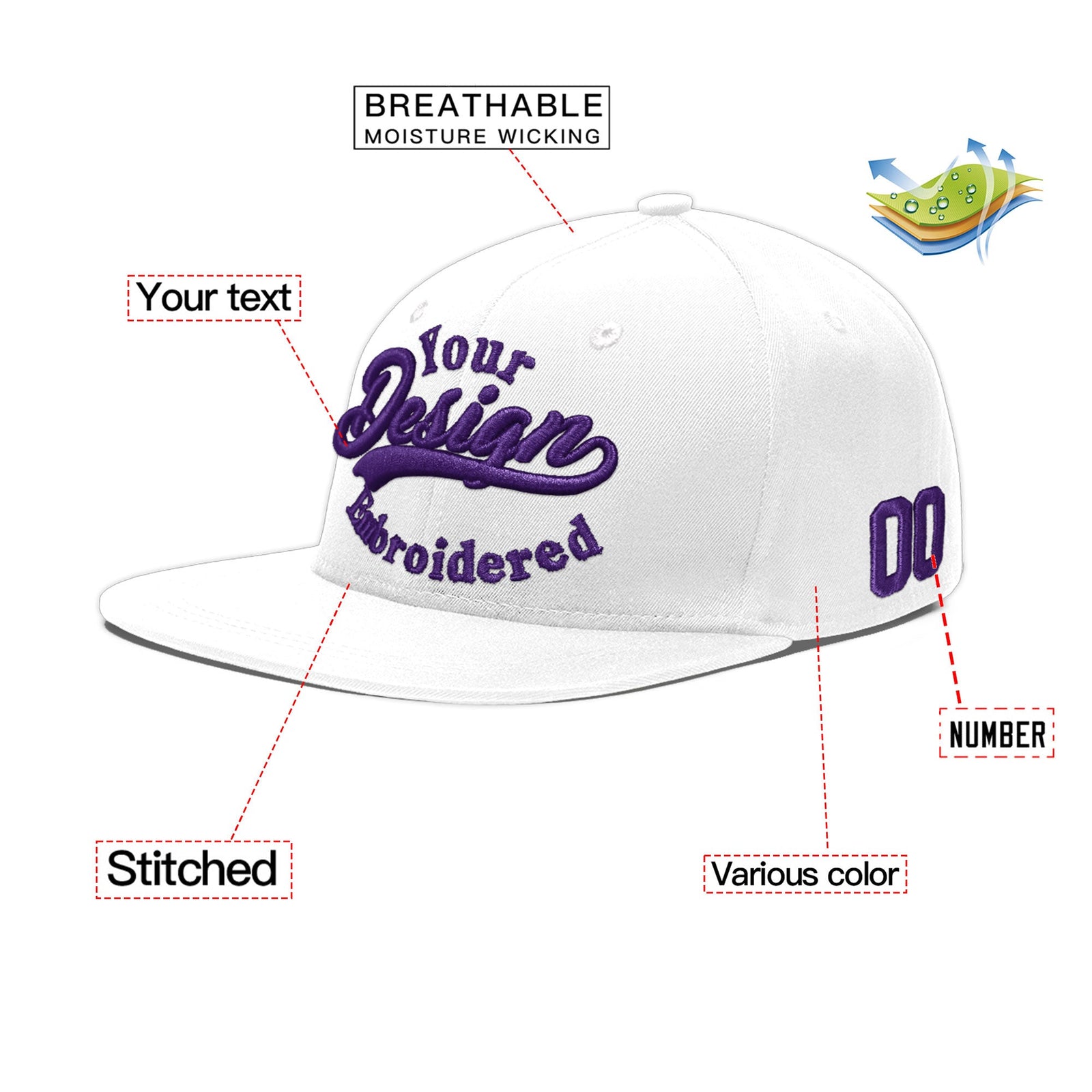 Custom White 3D Puff Embroidery Flat Embroidery Casual Sport Baseball Cap