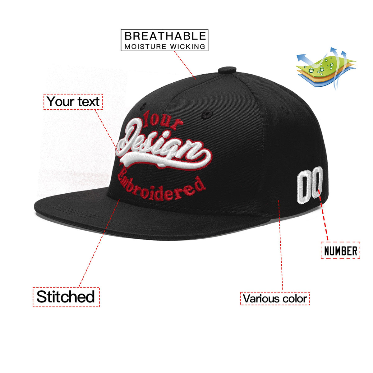 Custom Black 3D Puff Embroidery Flat Embroidery Casual Sport Baseball Cap