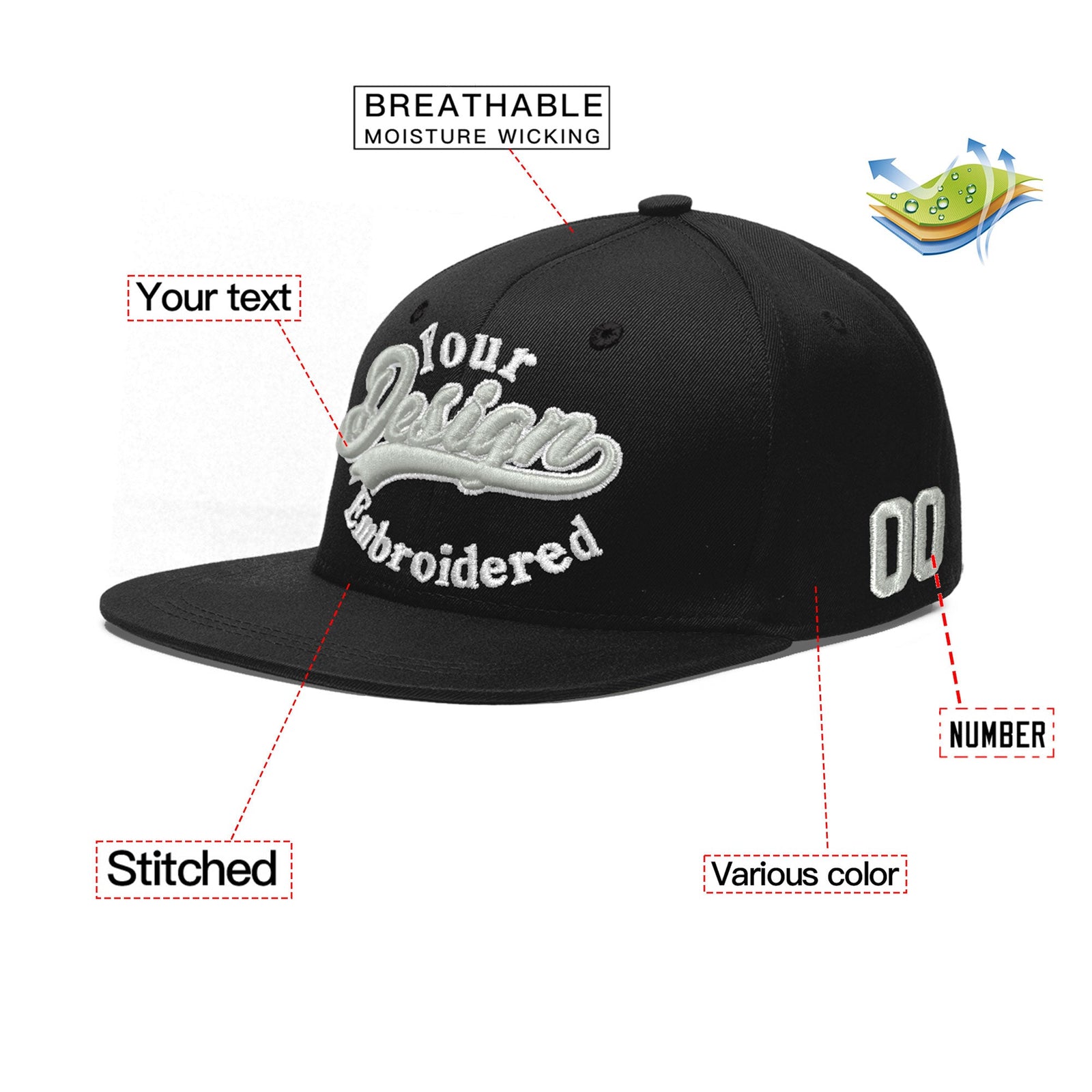 Custom Black 3D Puff Embroidery Flat Embroidery Casual Sport Baseball Cap